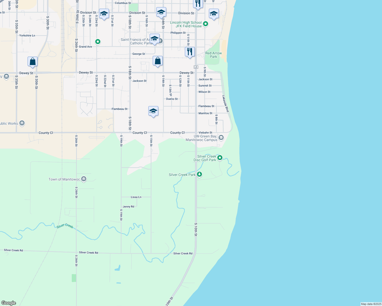map of restaurants, bars, coffee shops, grocery stores, and more near 2902 S 10th St in Manitowoc