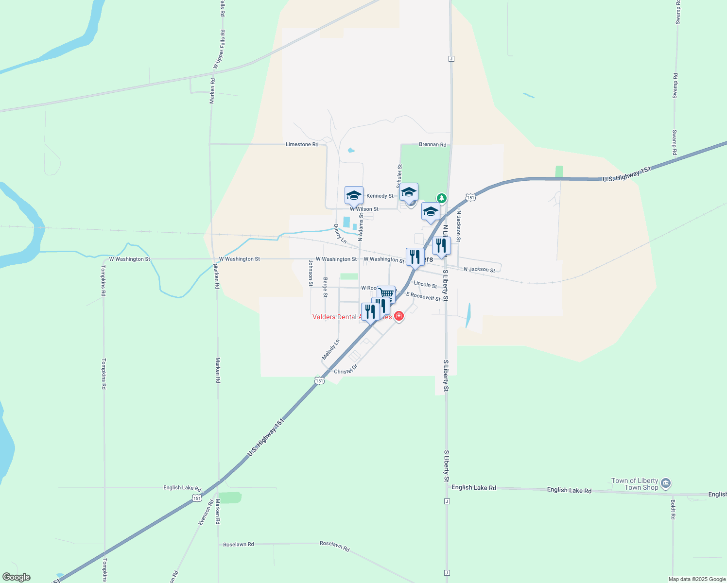 map of restaurants, bars, coffee shops, grocery stores, and more near 415 S Adams St in Valders