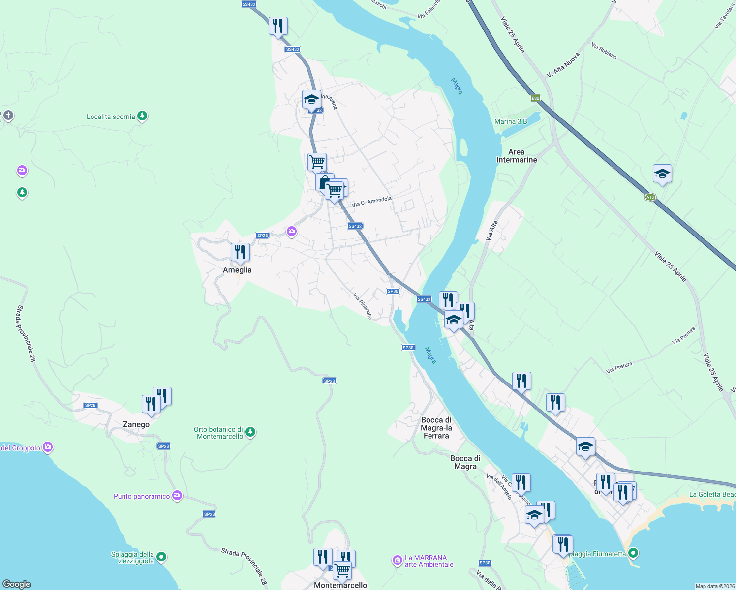 map of restaurants, bars, coffee shops, grocery stores, and more near 175 Via Pisanello in Ameglia