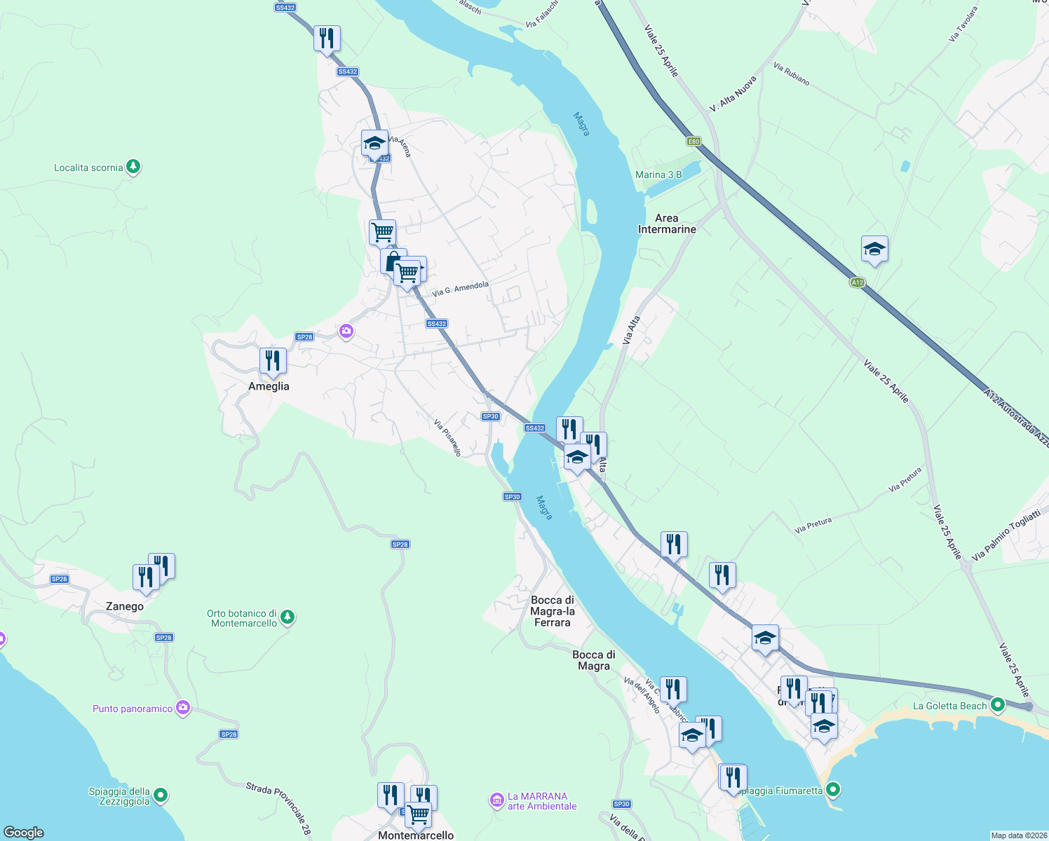 map of restaurants, bars, coffee shops, grocery stores, and more near 63 Via XXV Aprile in Ameglia