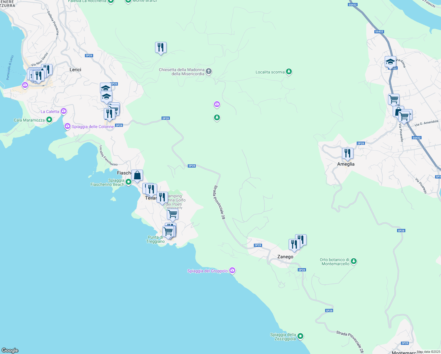 map of restaurants, bars, coffee shops, grocery stores, and more near in Provincia della Spezia