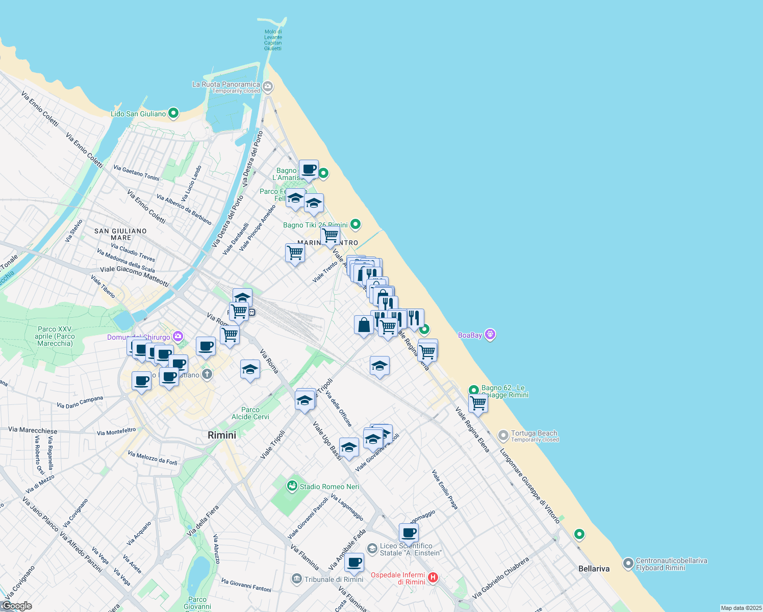 map of restaurants, bars, coffee shops, grocery stores, and more near 135 Viale Amerigo Vespucci in Rimini
