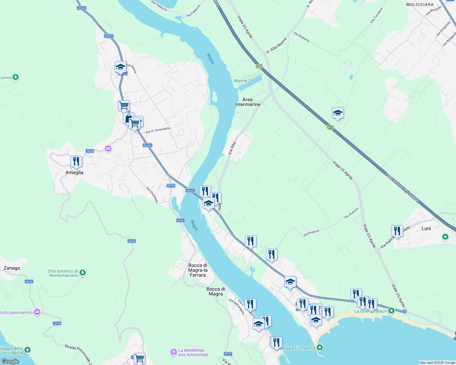 map of restaurants, bars, coffee shops, grocery stores, and more near 2 Via Alta in Provincia della Spezia