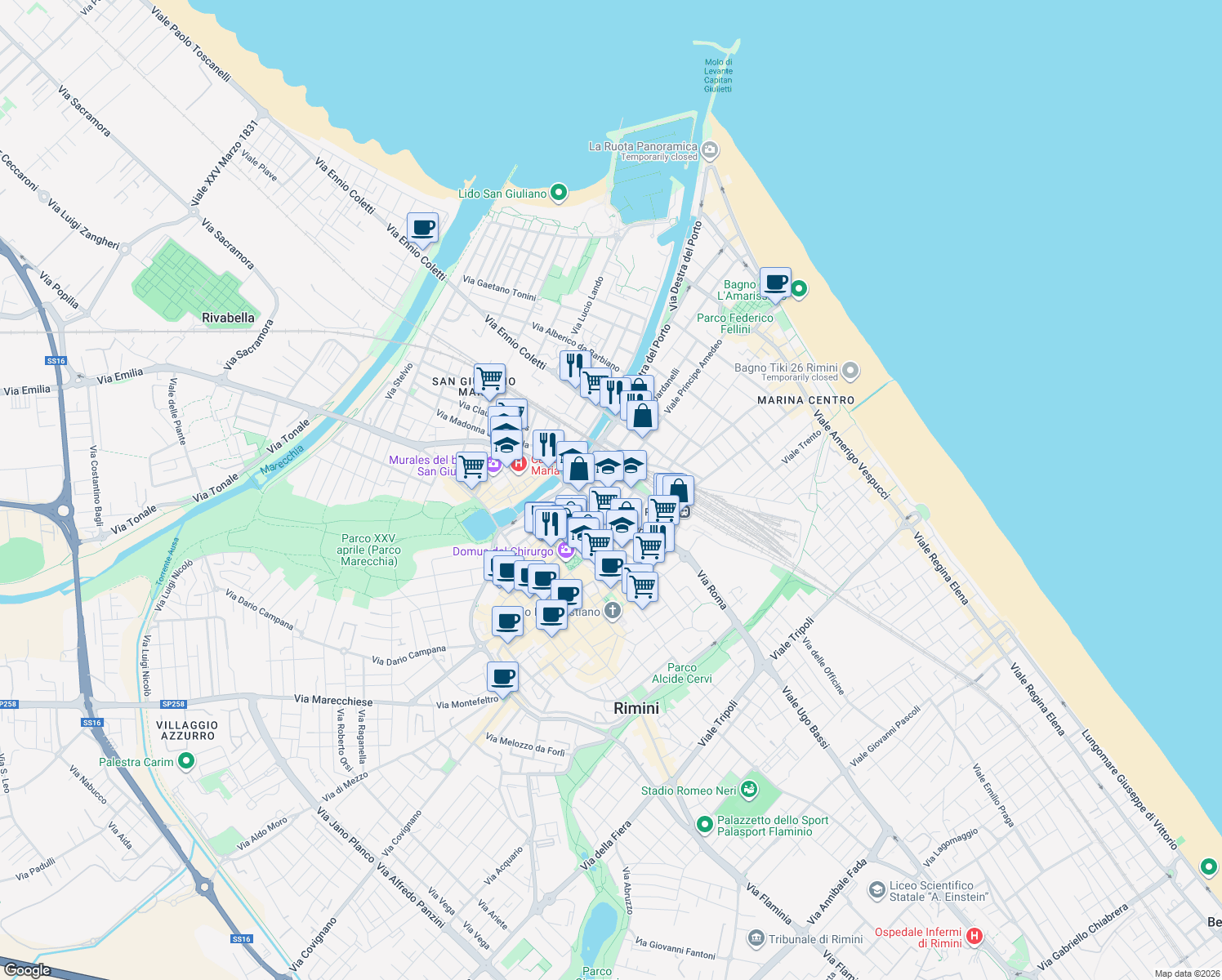 map of restaurants, bars, coffee shops, grocery stores, and more near 151 Corso Papa Giovanni XXIII in Rimini