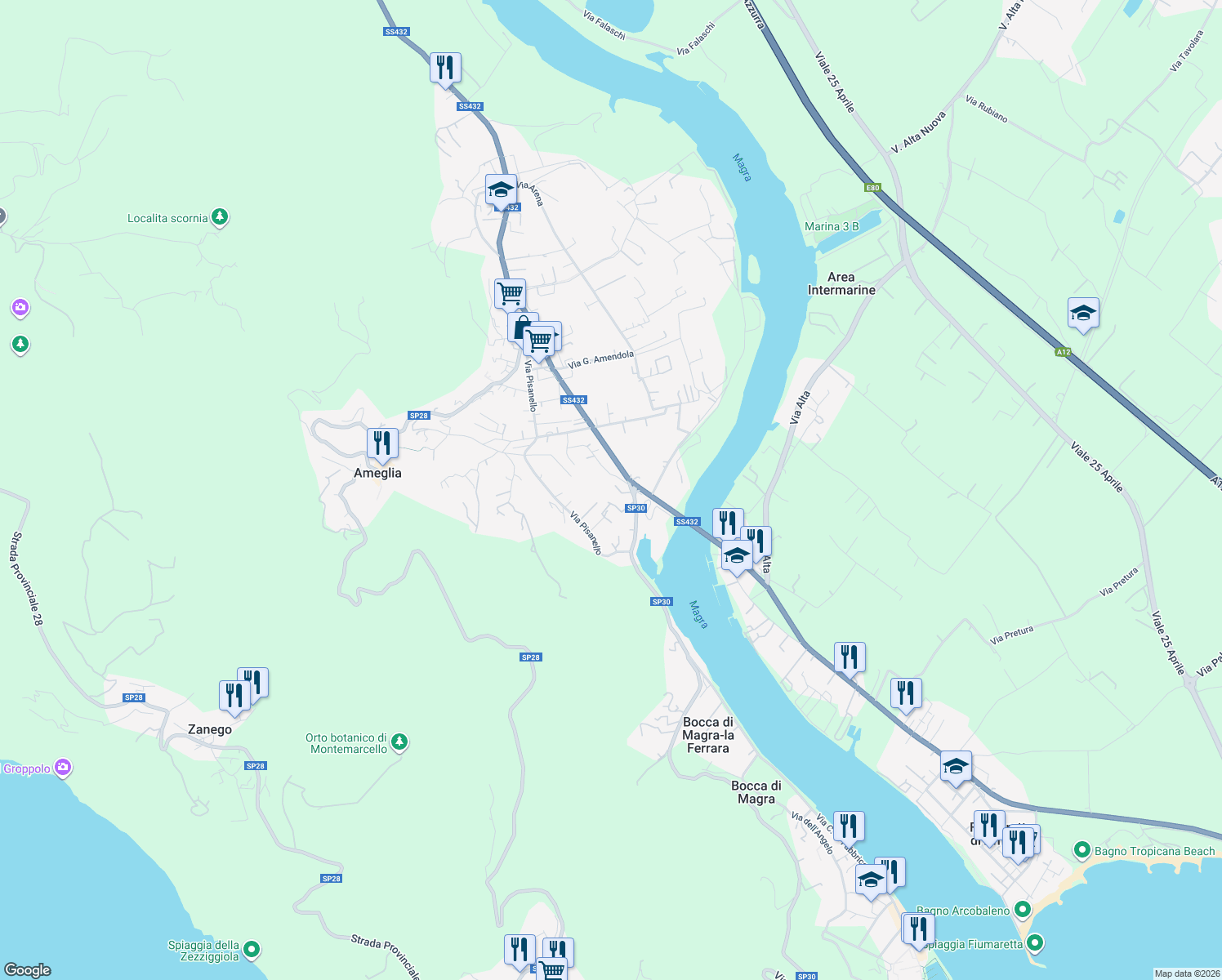map of restaurants, bars, coffee shops, grocery stores, and more near Strada Provinciale 30 in Ameglia