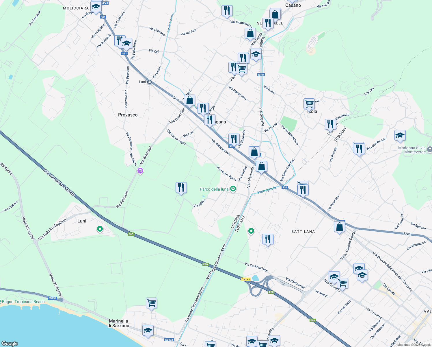 map of restaurants, bars, coffee shops, grocery stores, and more near in Provincia della Spezia