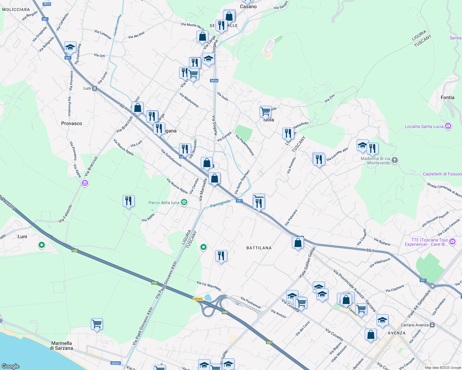 map of restaurants, bars, coffee shops, grocery stores, and more near 12 Via Morucciola in Casano