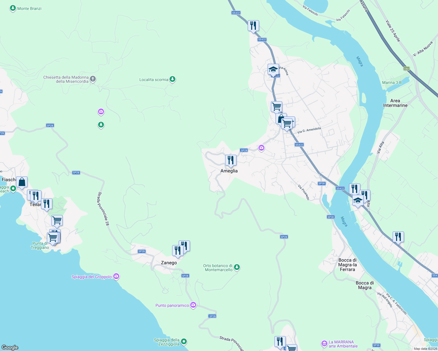 map of restaurants, bars, coffee shops, grocery stores, and more near 18 Via Paganini in Ameglia in Ameglia