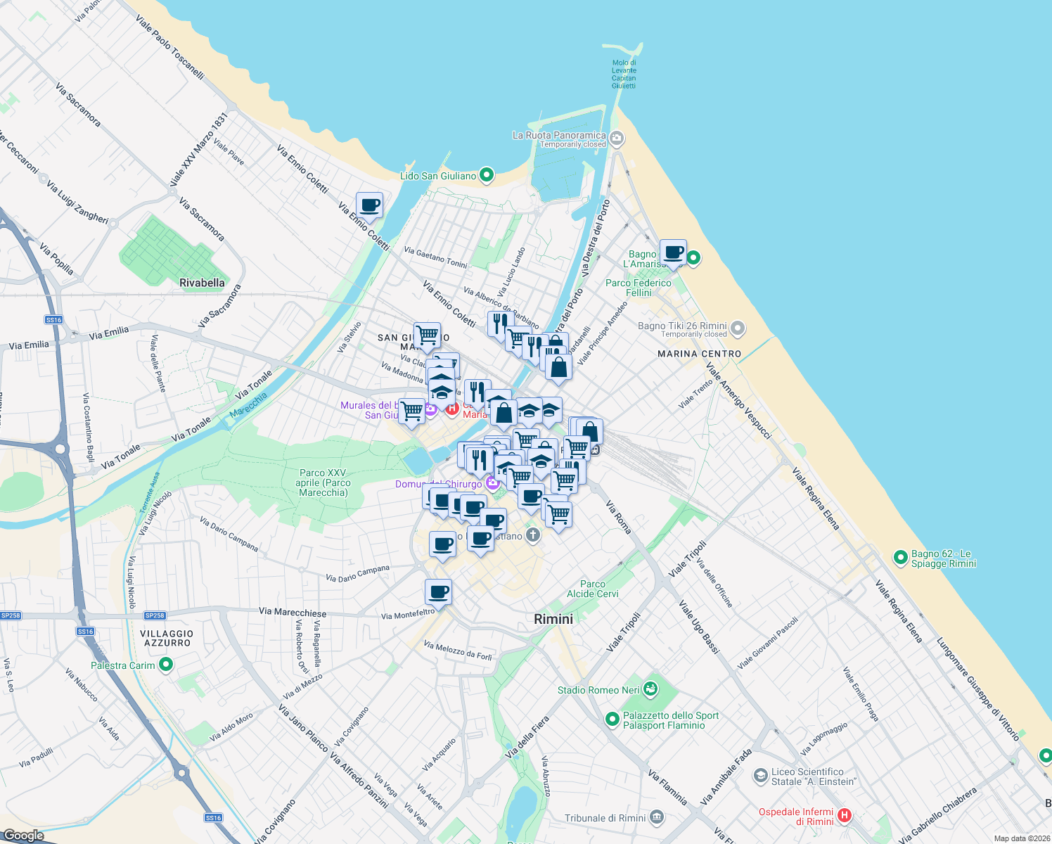 map of restaurants, bars, coffee shops, grocery stores, and more near 149-151 Corso Papa Giovanni XXIII in Rimini