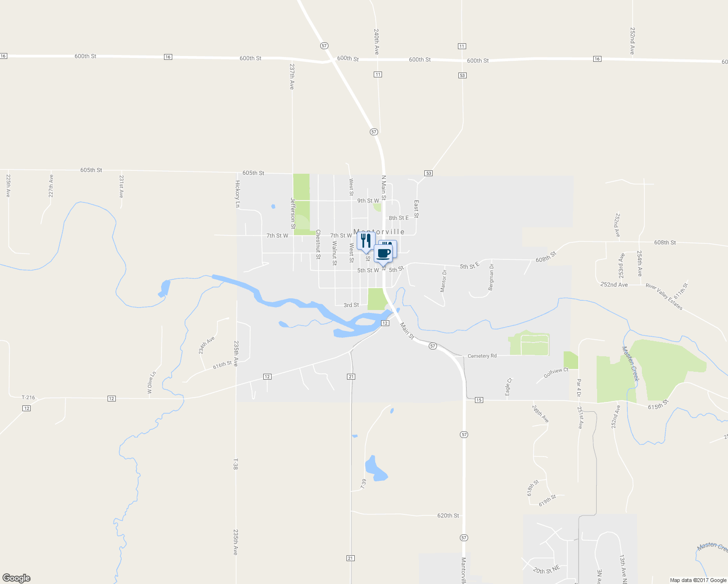 map of restaurants, bars, coffee shops, grocery stores, and more near 321 Clay Street in Mantorville