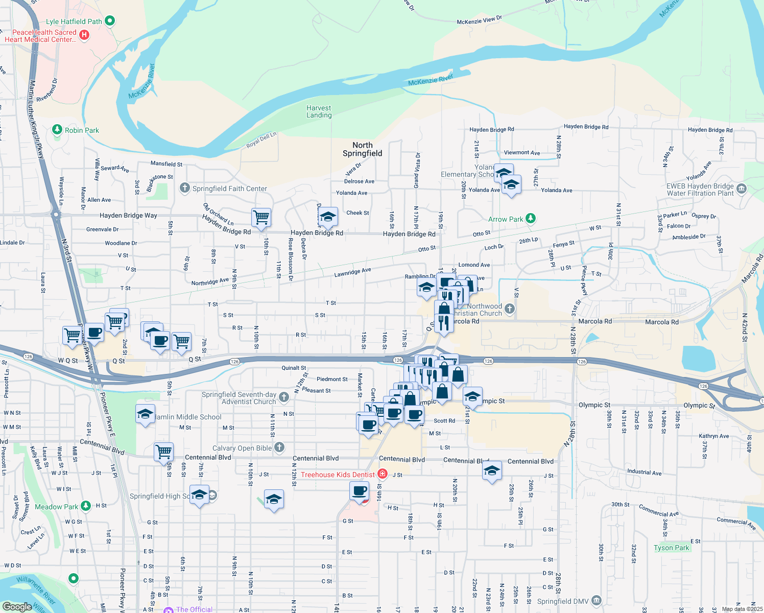 map of restaurants, bars, coffee shops, grocery stores, and more near 1577 T St in Springfield