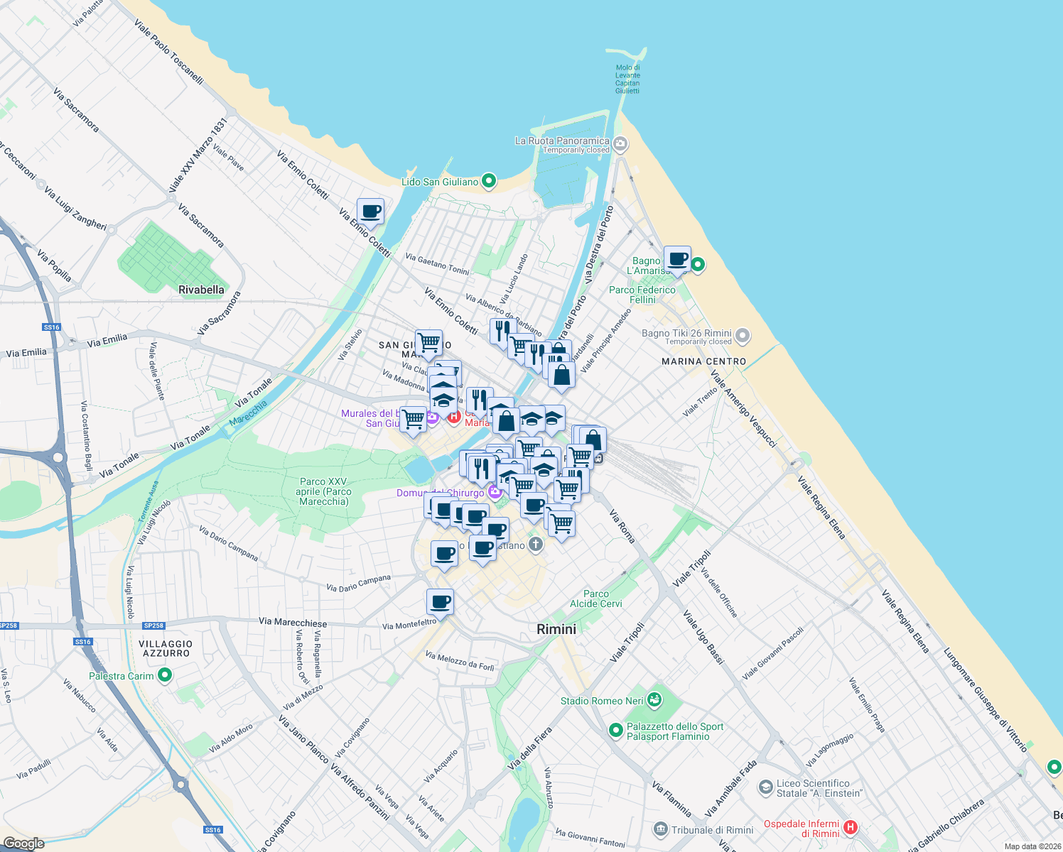 map of restaurants, bars, coffee shops, grocery stores, and more near 149-151 Corso Papa Giovanni XXIII in Rimini