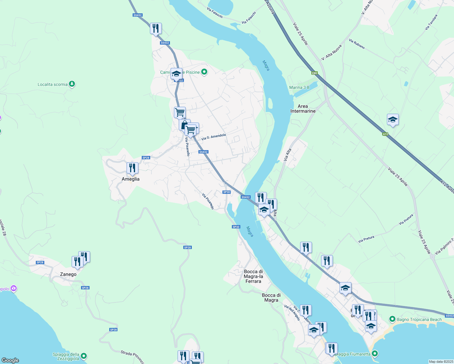 map of restaurants, bars, coffee shops, grocery stores, and more near 61 SS432 in Ameglia