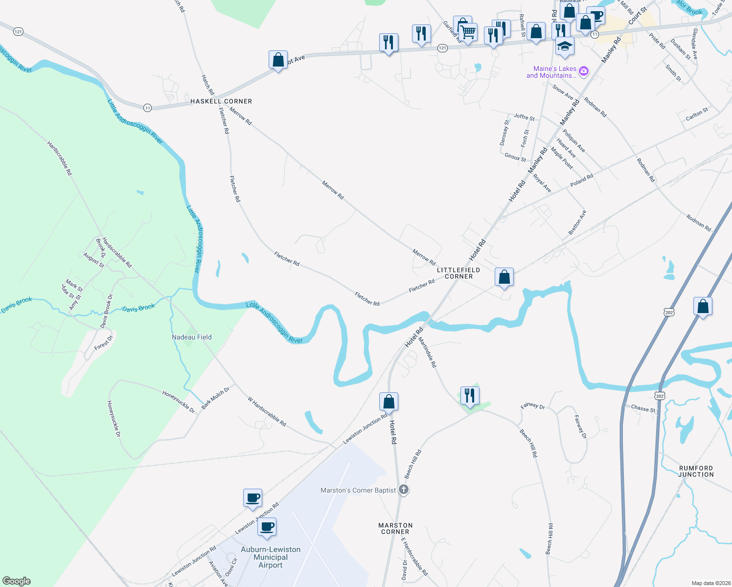 map of restaurants, bars, coffee shops, grocery stores, and more near 175 Fletcher Road in Auburn