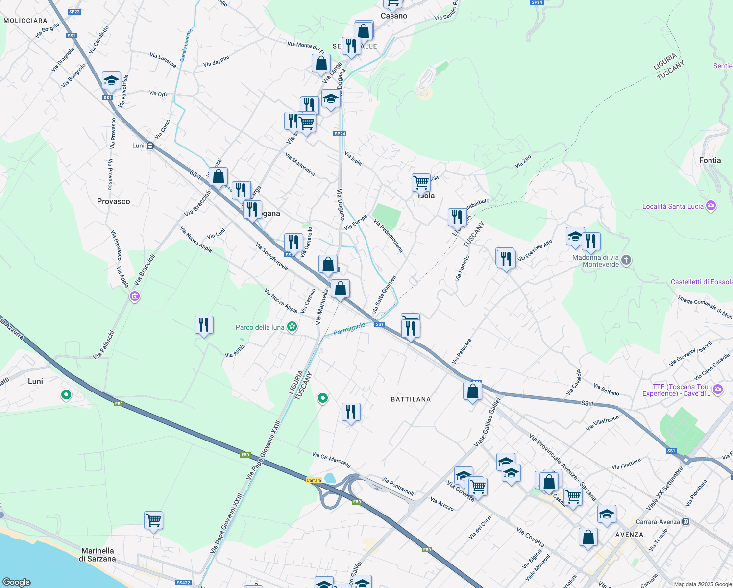 map of restaurants, bars, coffee shops, grocery stores, and more near 12 Via Morucciola in Casano