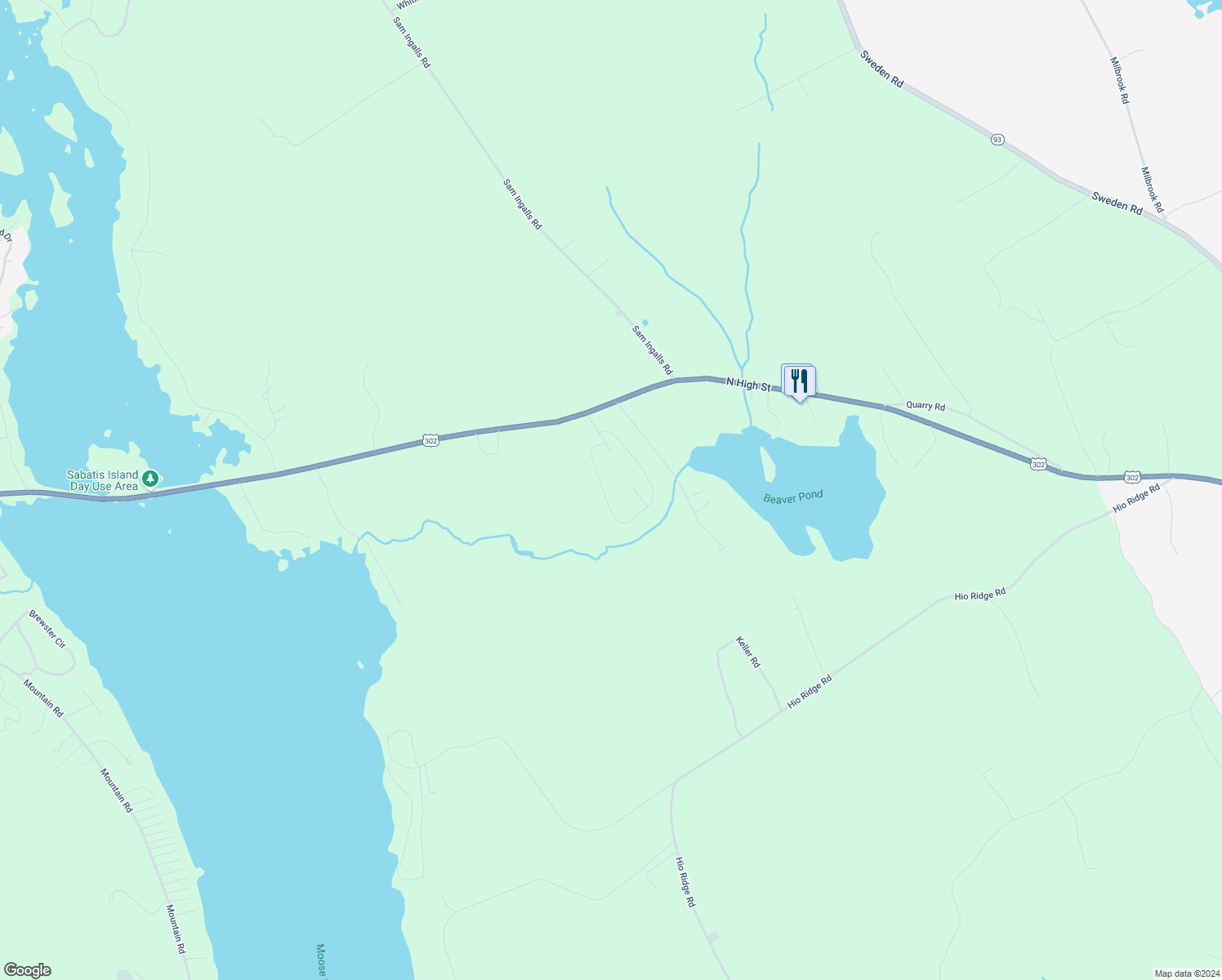 map of restaurants, bars, coffee shops, grocery stores, and more near 30 Mockingbird Lane in Bridgton