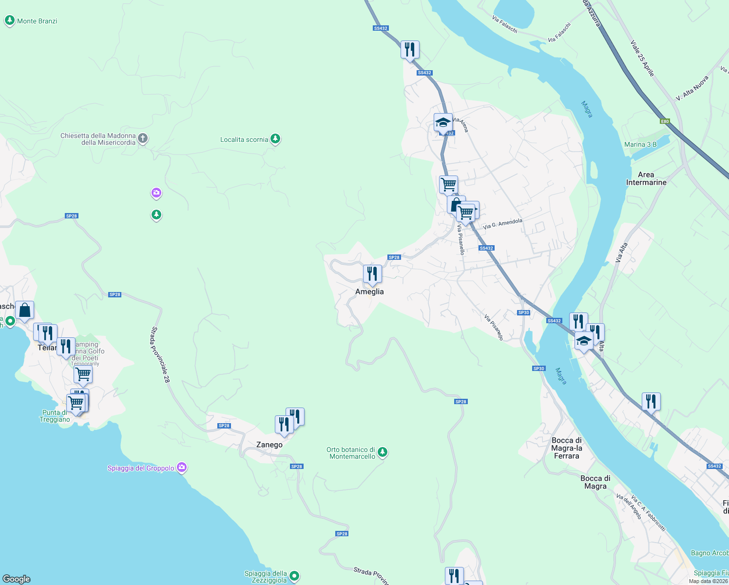 map of restaurants, bars, coffee shops, grocery stores, and more near 18 Via Paganini in Ameglia in Ameglia