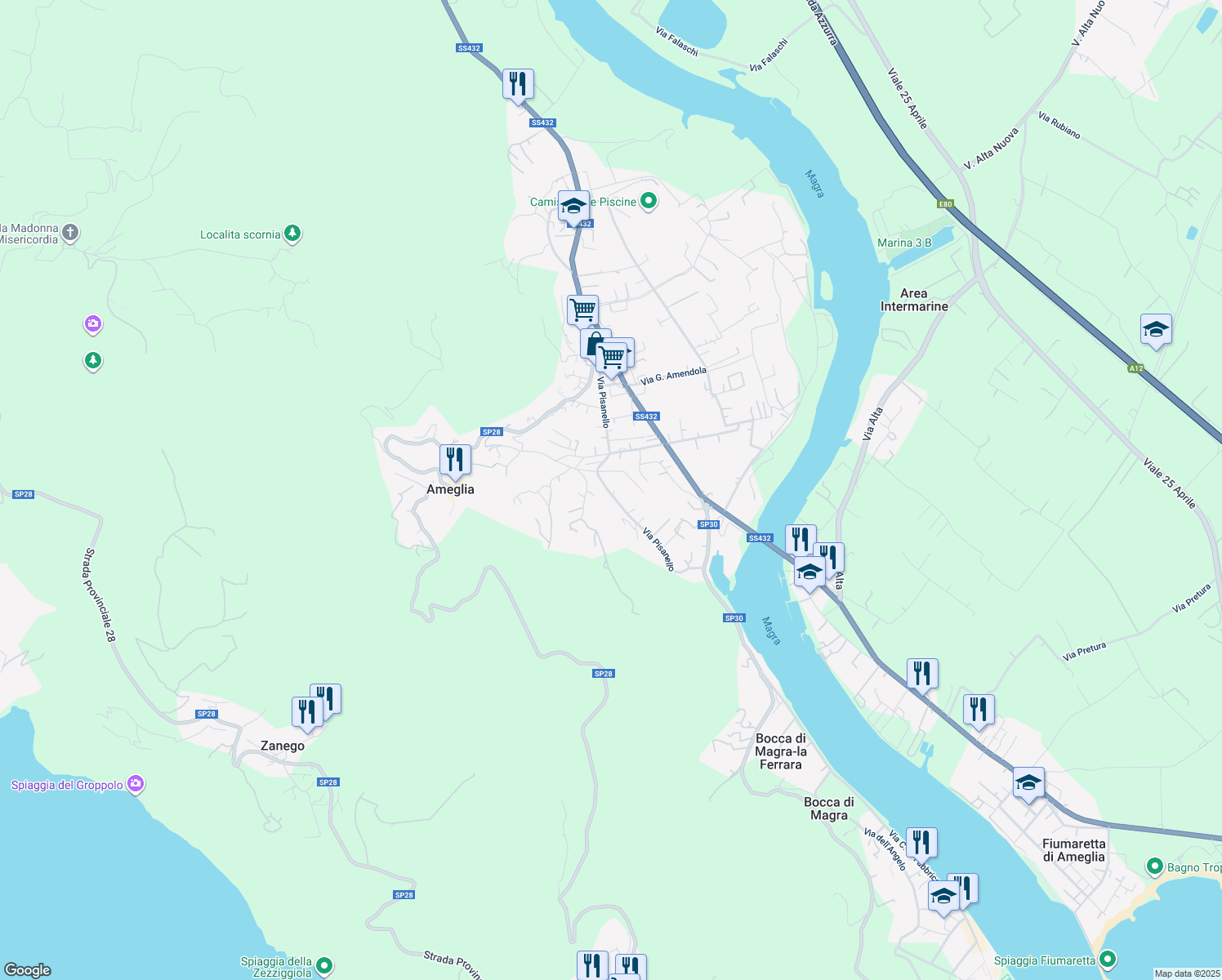 map of restaurants, bars, coffee shops, grocery stores, and more near 113 Via Pisanello in Ameglia