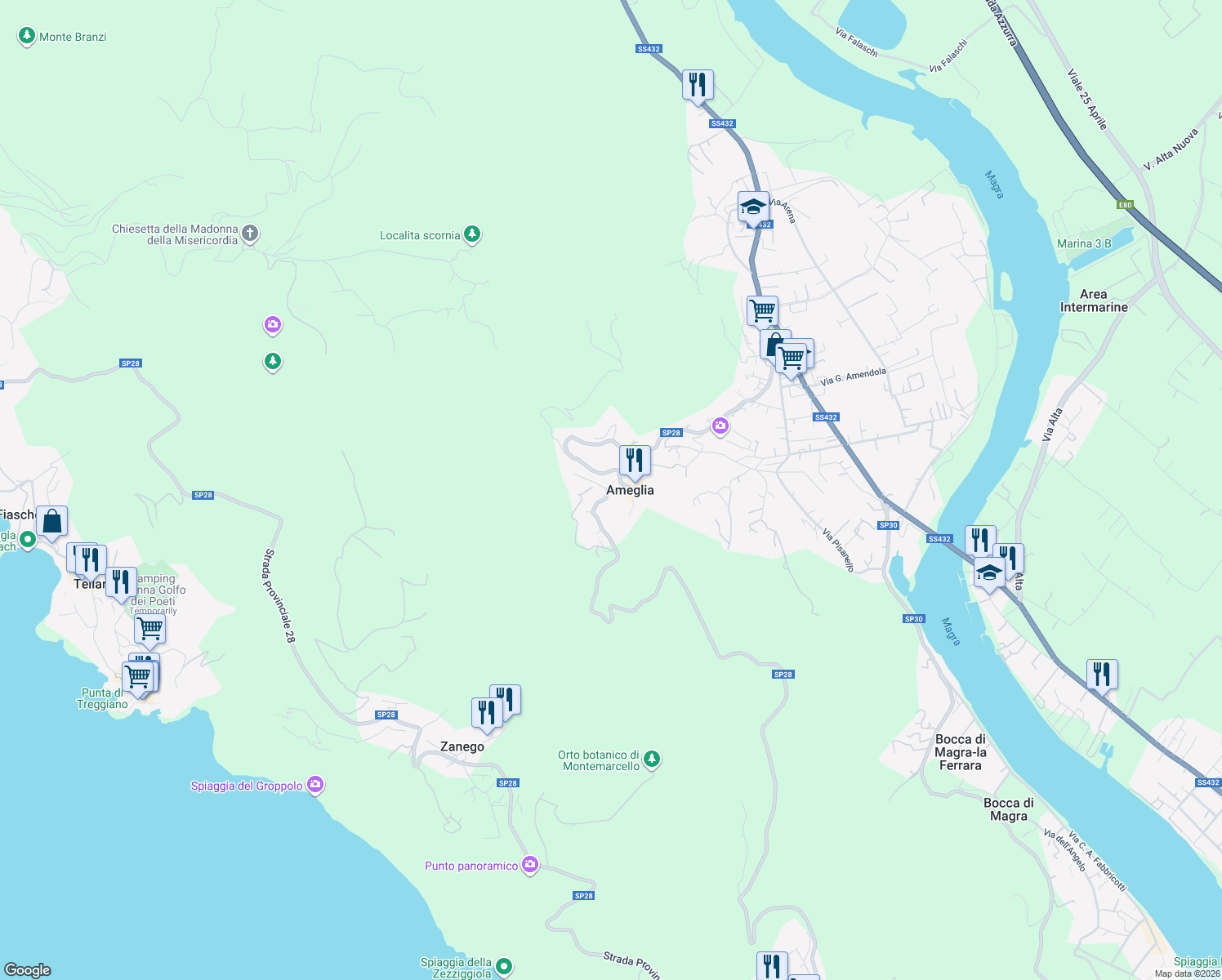map of restaurants, bars, coffee shops, grocery stores, and more near 18 Via Paganini in Ameglia in Ameglia