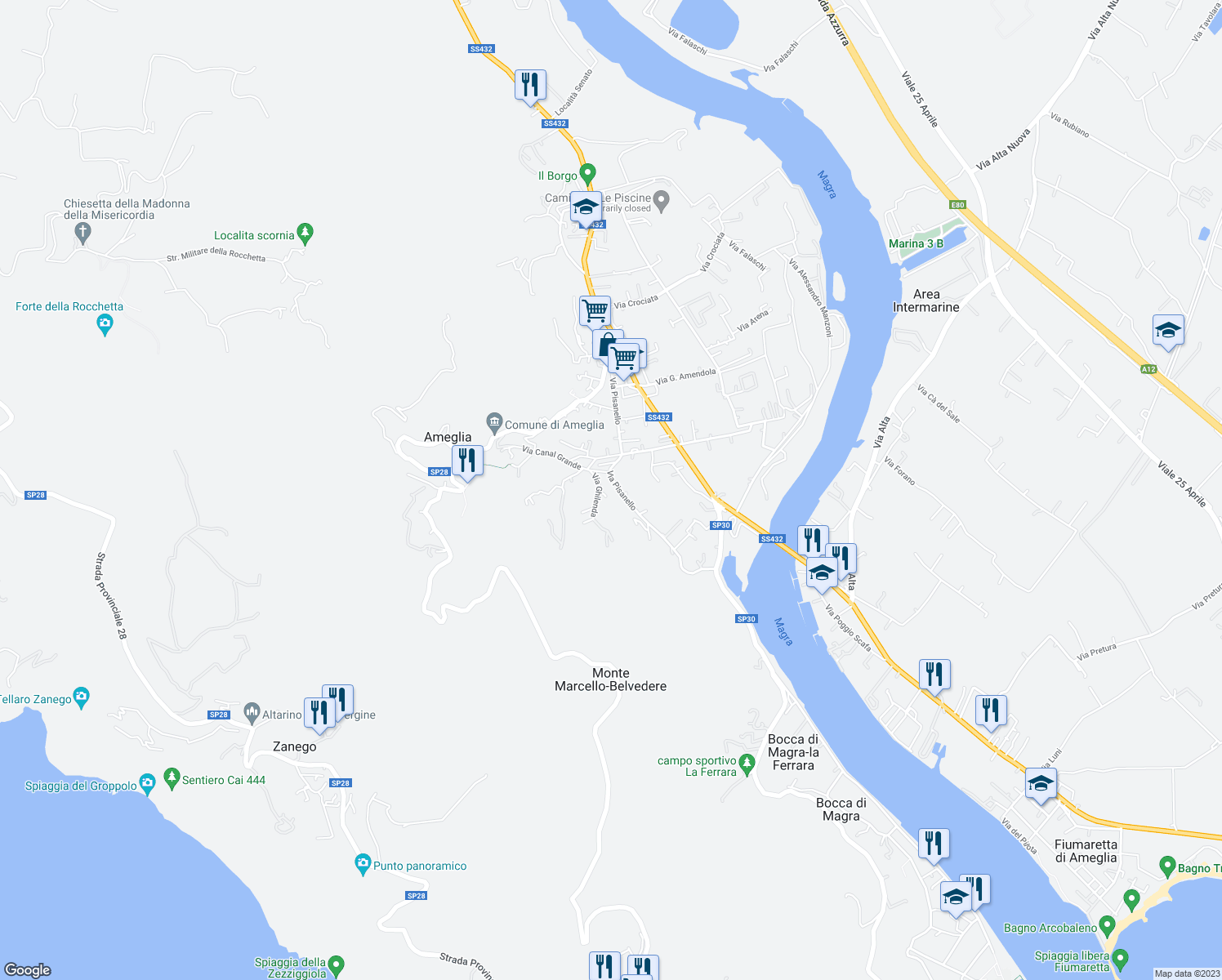 map of restaurants, bars, coffee shops, grocery stores, and more near 113-115 Via Pisanello in Ameglia