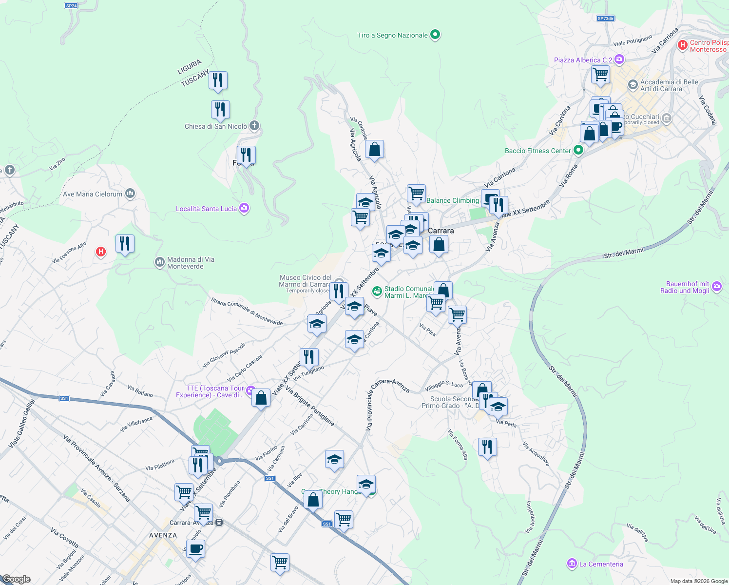 map of restaurants, bars, coffee shops, grocery stores, and more near 8 Piazza Vittorio Veneto in Carrara