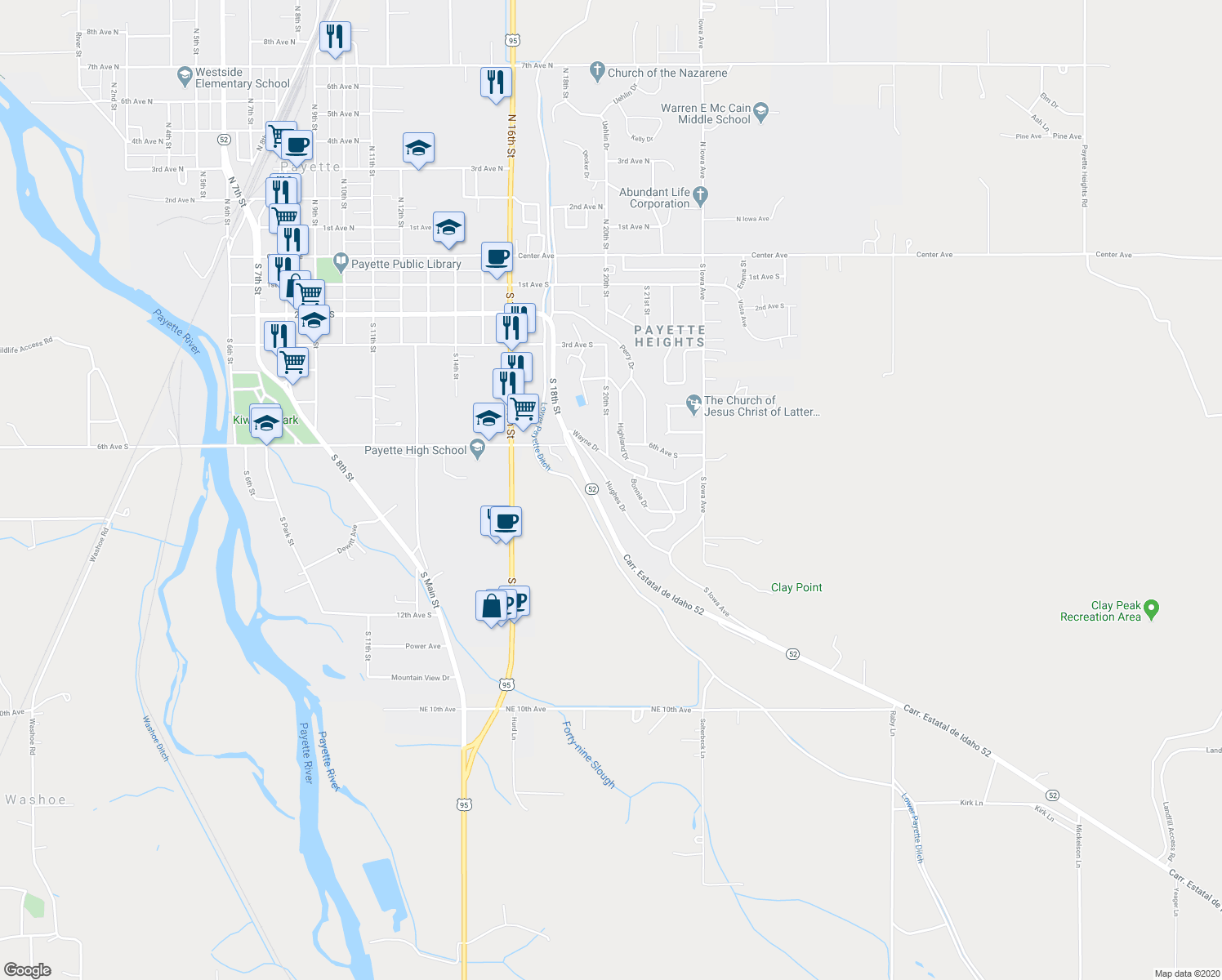 map of restaurants, bars, coffee shops, grocery stores, and more near 802 Hughes Drive in Payette