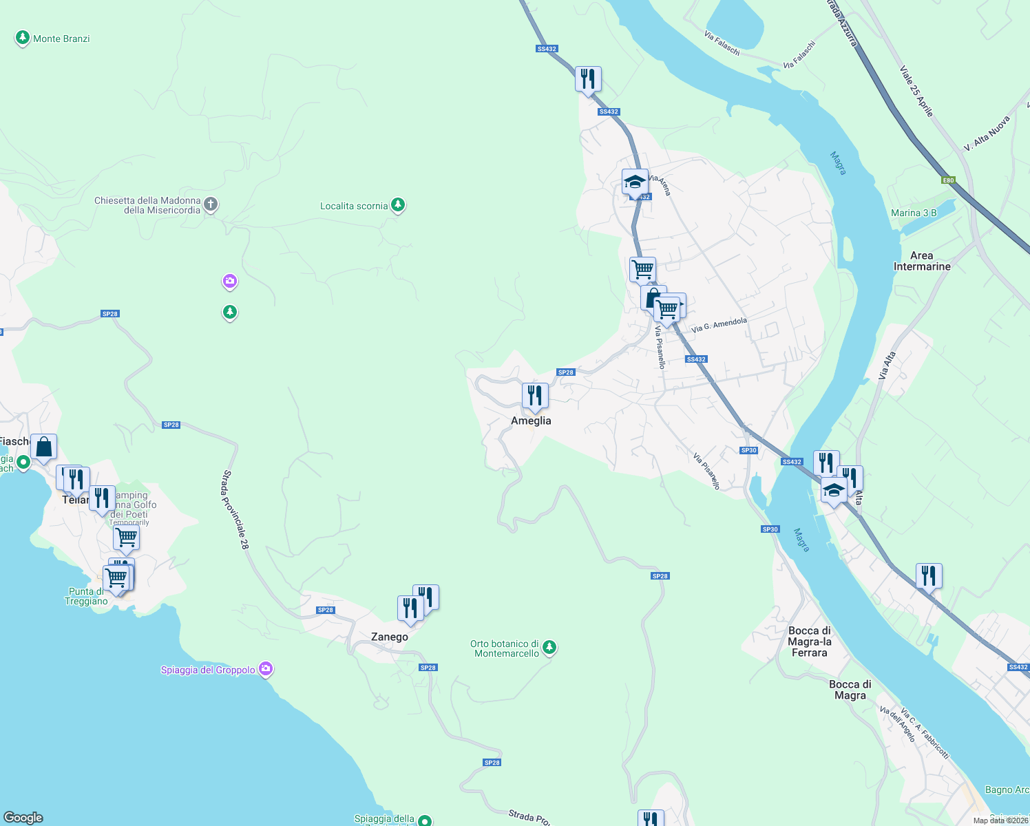 map of restaurants, bars, coffee shops, grocery stores, and more near 18 Via Paganini in Ameglia