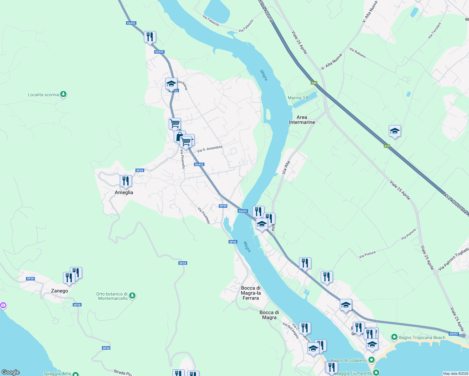 map of restaurants, bars, coffee shops, grocery stores, and more near 7 Via Alessandro Manzoni in Ameglia