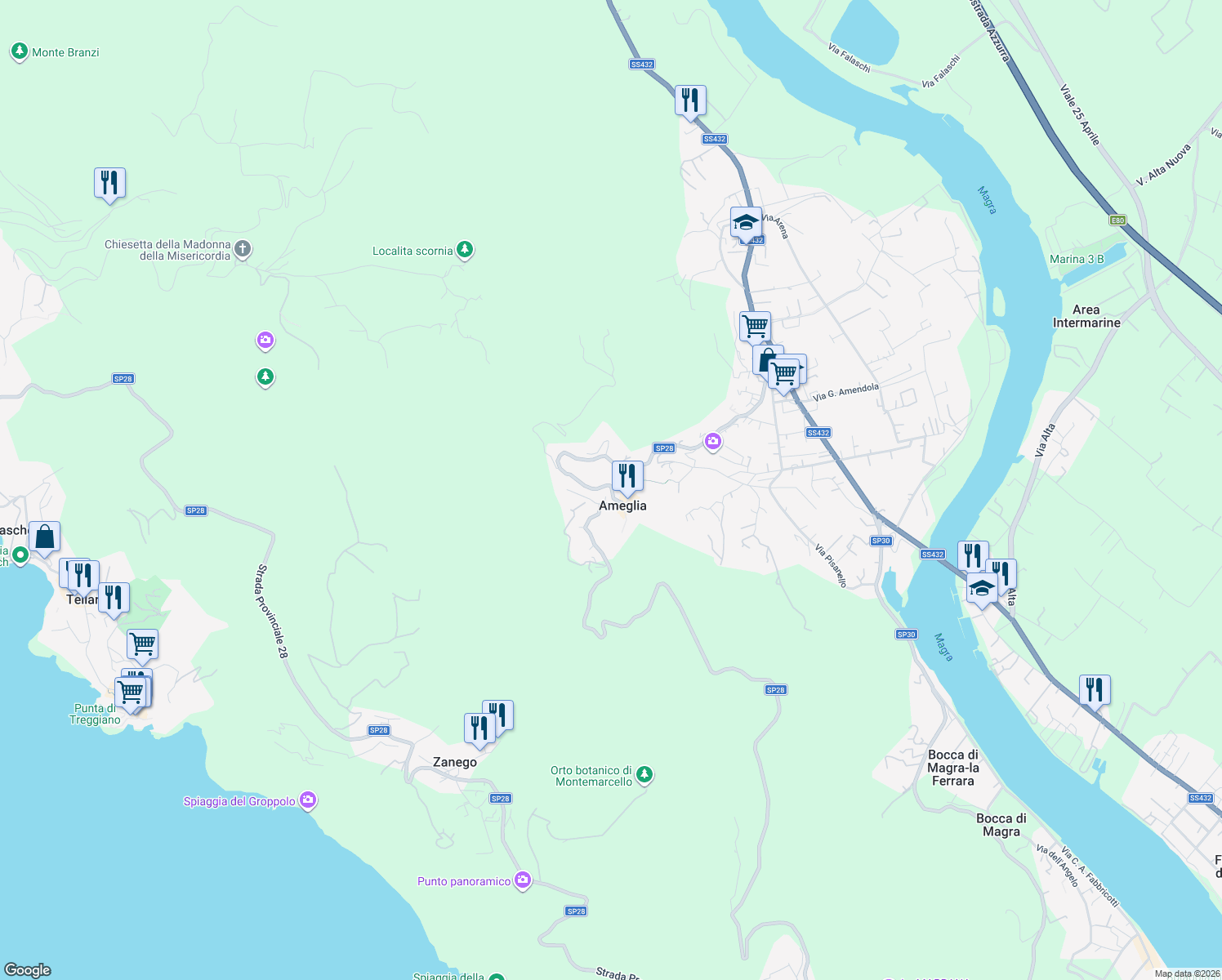 map of restaurants, bars, coffee shops, grocery stores, and more near in Ameglia