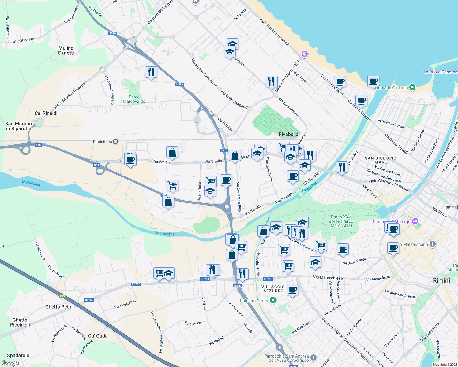 map of restaurants, bars, coffee shops, grocery stores, and more near 10 SS16 in Riccione