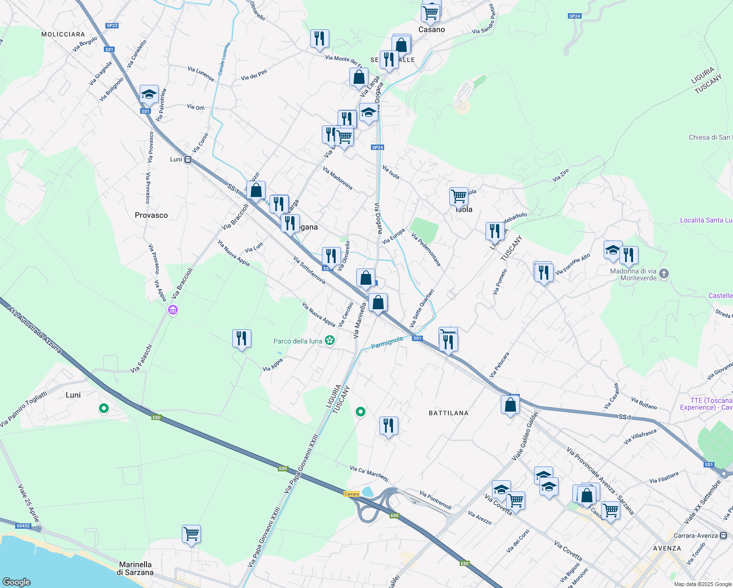 map of restaurants, bars, coffee shops, grocery stores, and more near Strada Provinciale 24 in Casano
