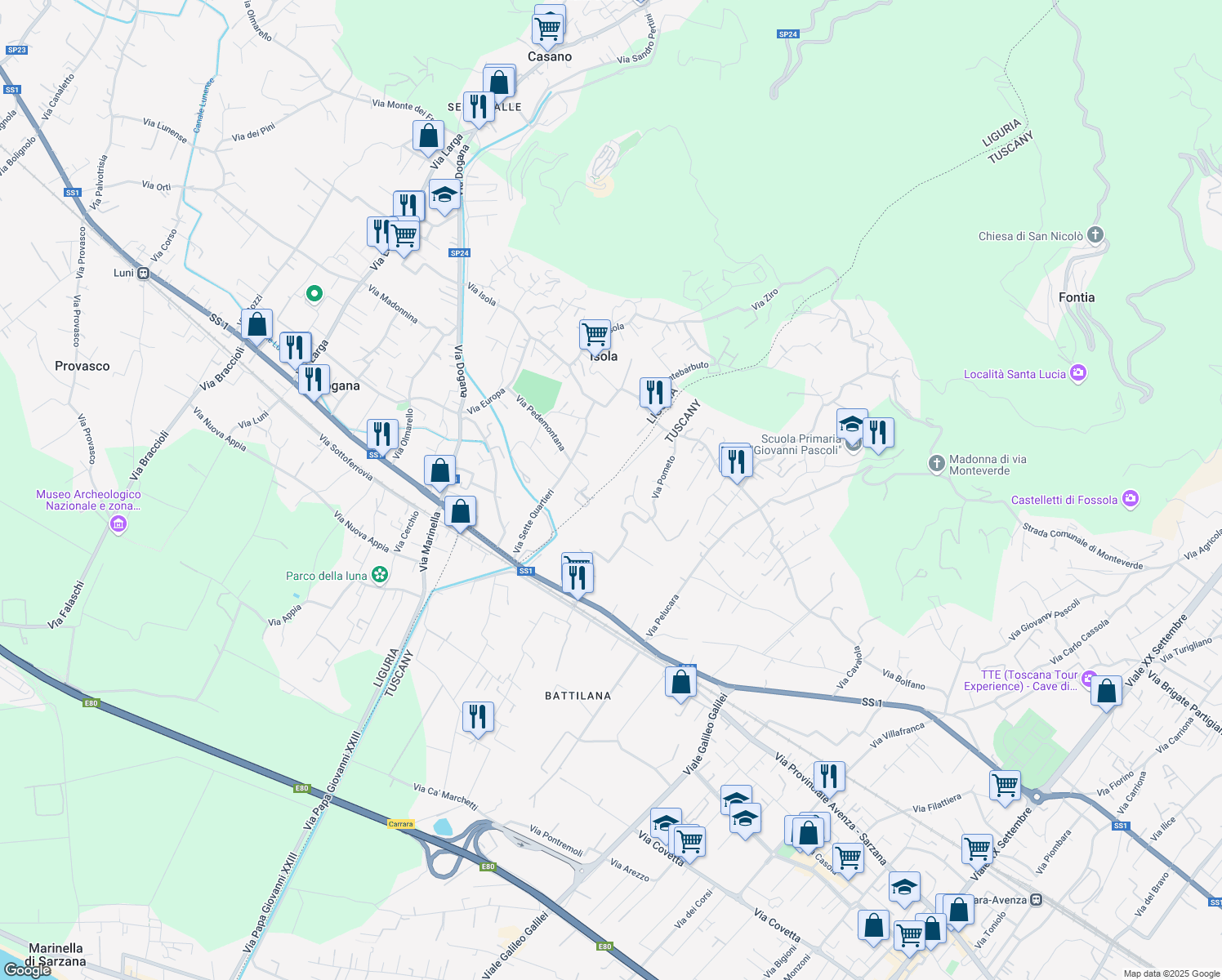 map of restaurants, bars, coffee shops, grocery stores, and more near 46 Via Pometo in Carrara