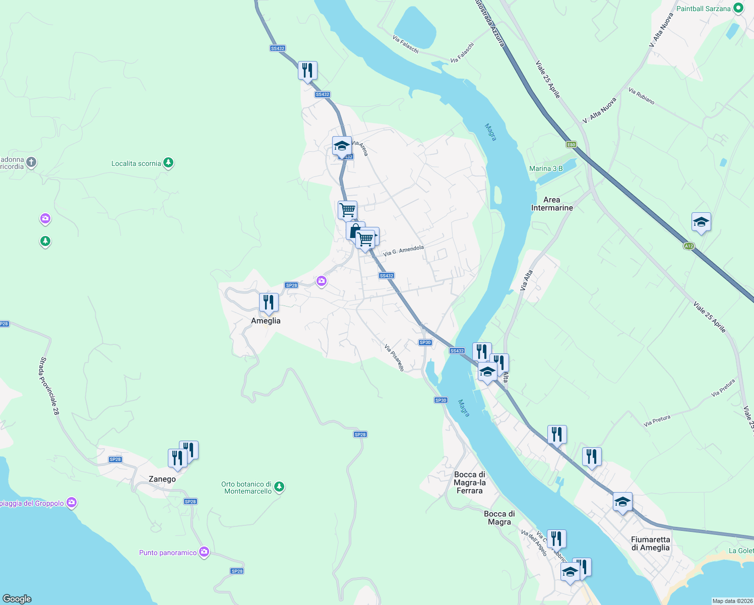 map of restaurants, bars, coffee shops, grocery stores, and more near 11 Via Giacomo Leopardi in Ameglia