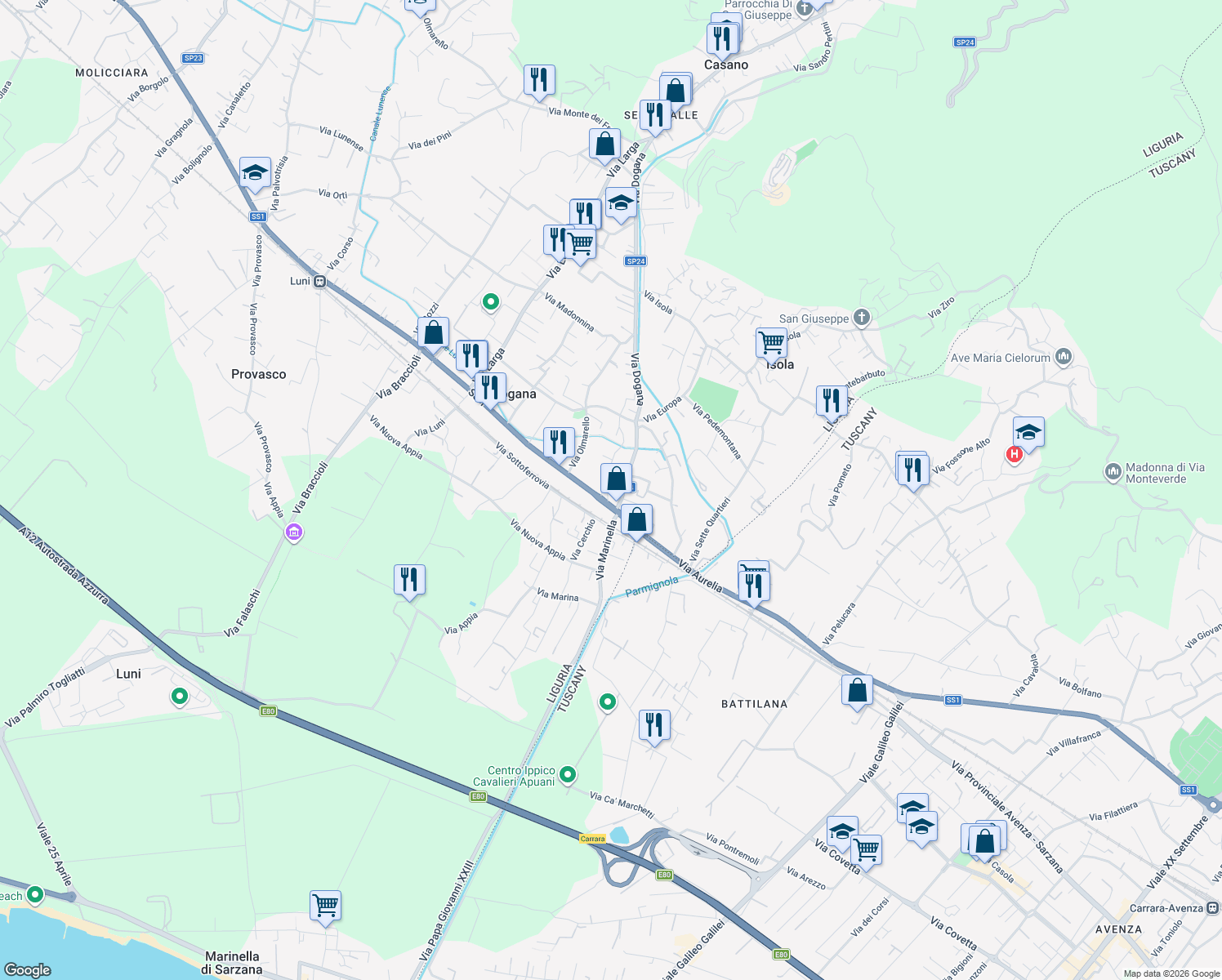 map of restaurants, bars, coffee shops, grocery stores, and more near 250 Strada Statale 1 Variante Aurelia di La Spezia in Casano