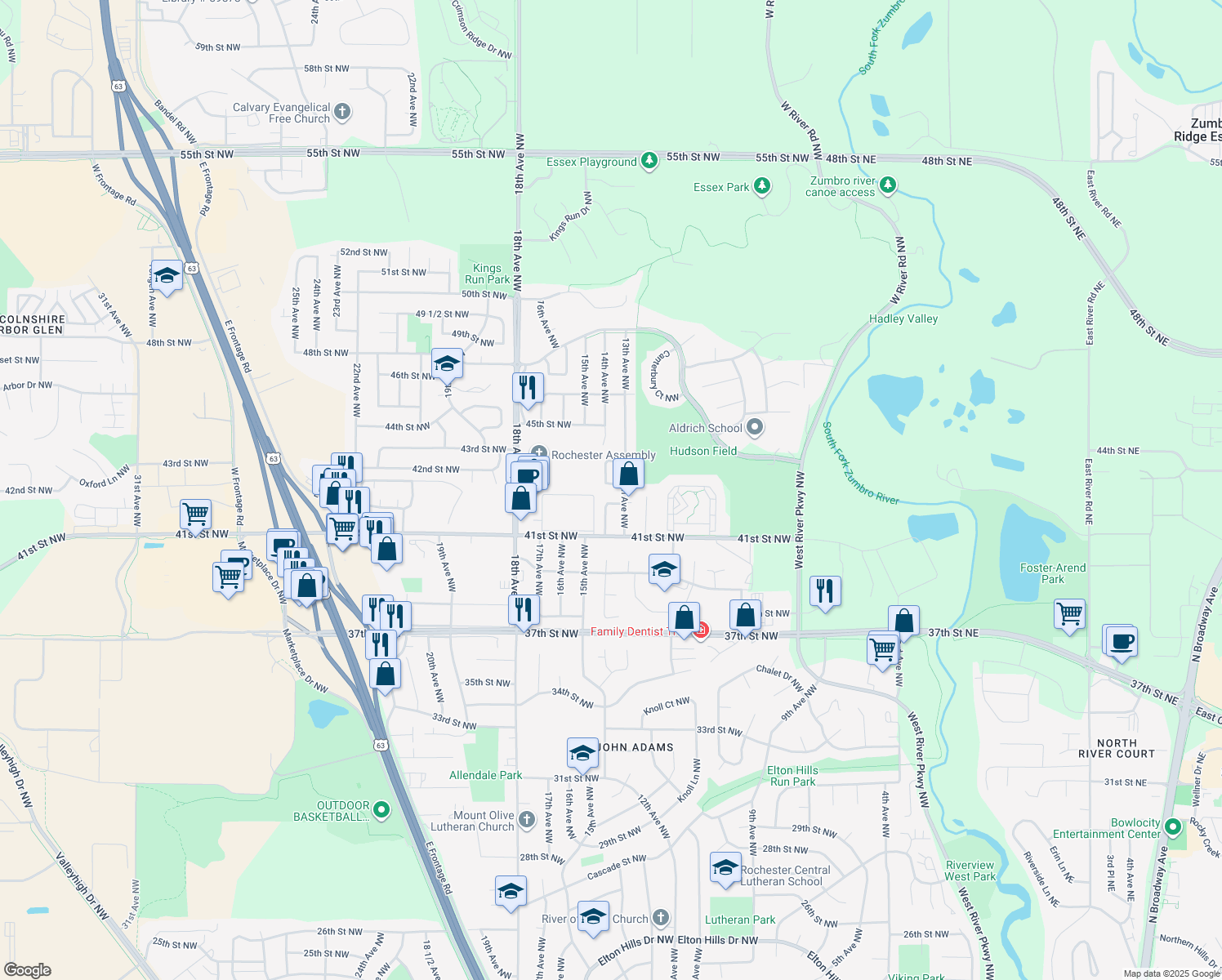 map of restaurants, bars, coffee shops, grocery stores, and more near 1316 43rd Street Northwest in Rochester