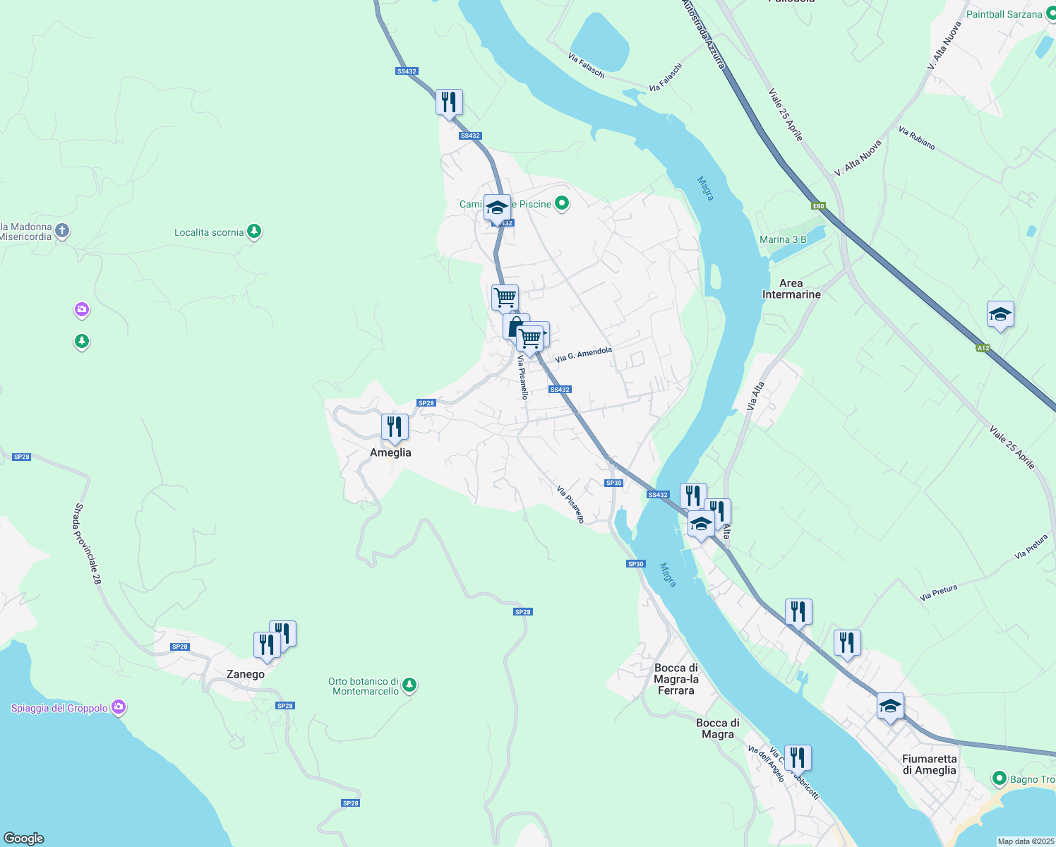 map of restaurants, bars, coffee shops, grocery stores, and more near 64 Via Pisanello in Ameglia