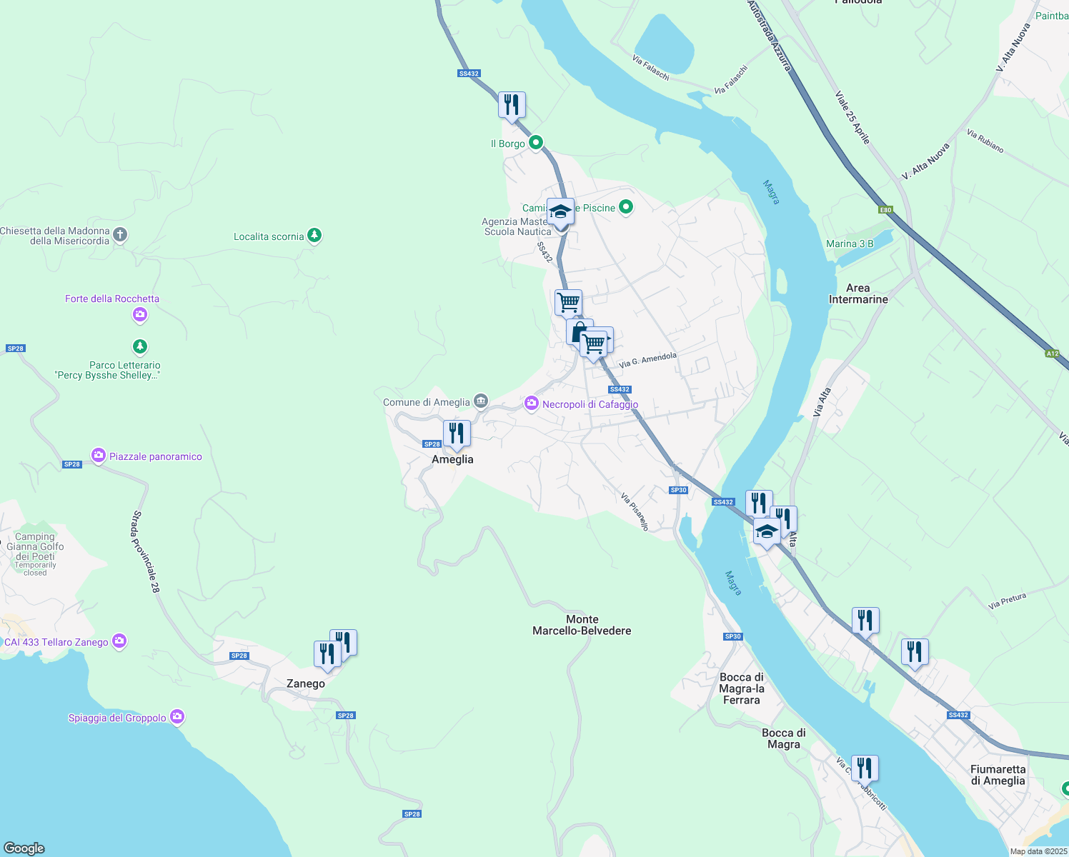 map of restaurants, bars, coffee shops, grocery stores, and more near 33 Via Canal Grande in Ameglia