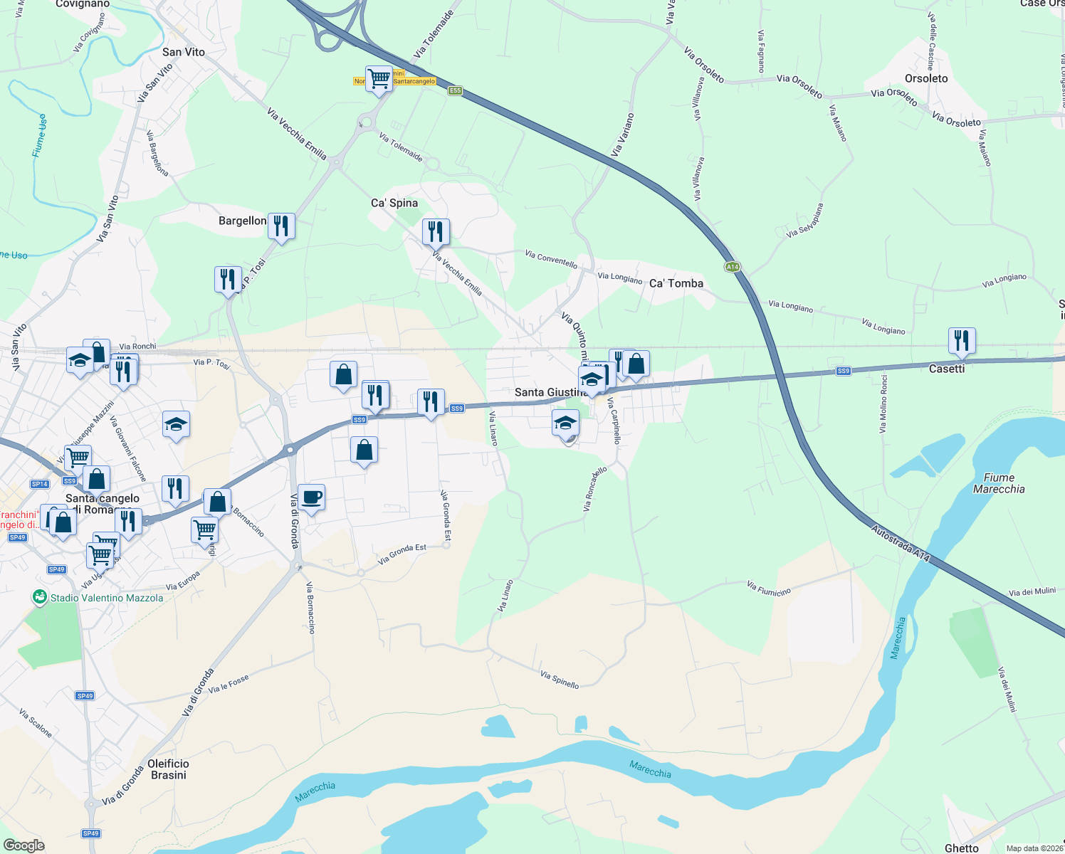 map of restaurants, bars, coffee shops, grocery stores, and more near 2 Via Meldola in Santa Giustina