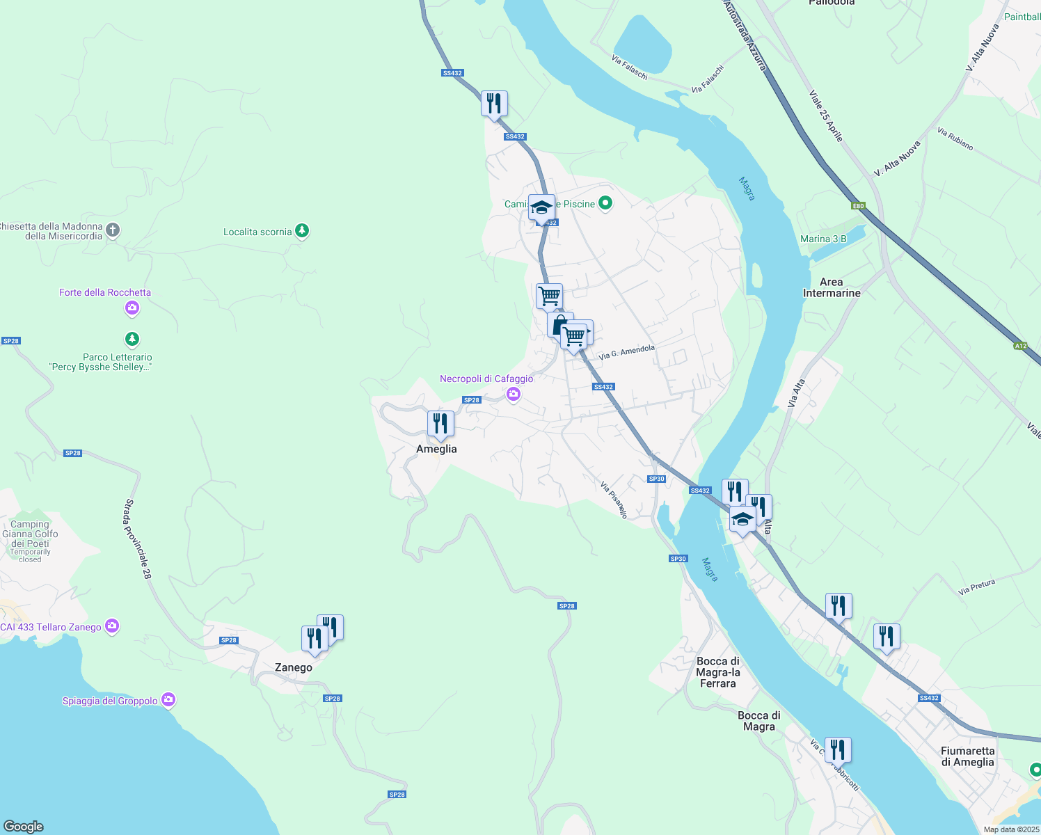 map of restaurants, bars, coffee shops, grocery stores, and more near 33 Via Canal Grande in Ameglia