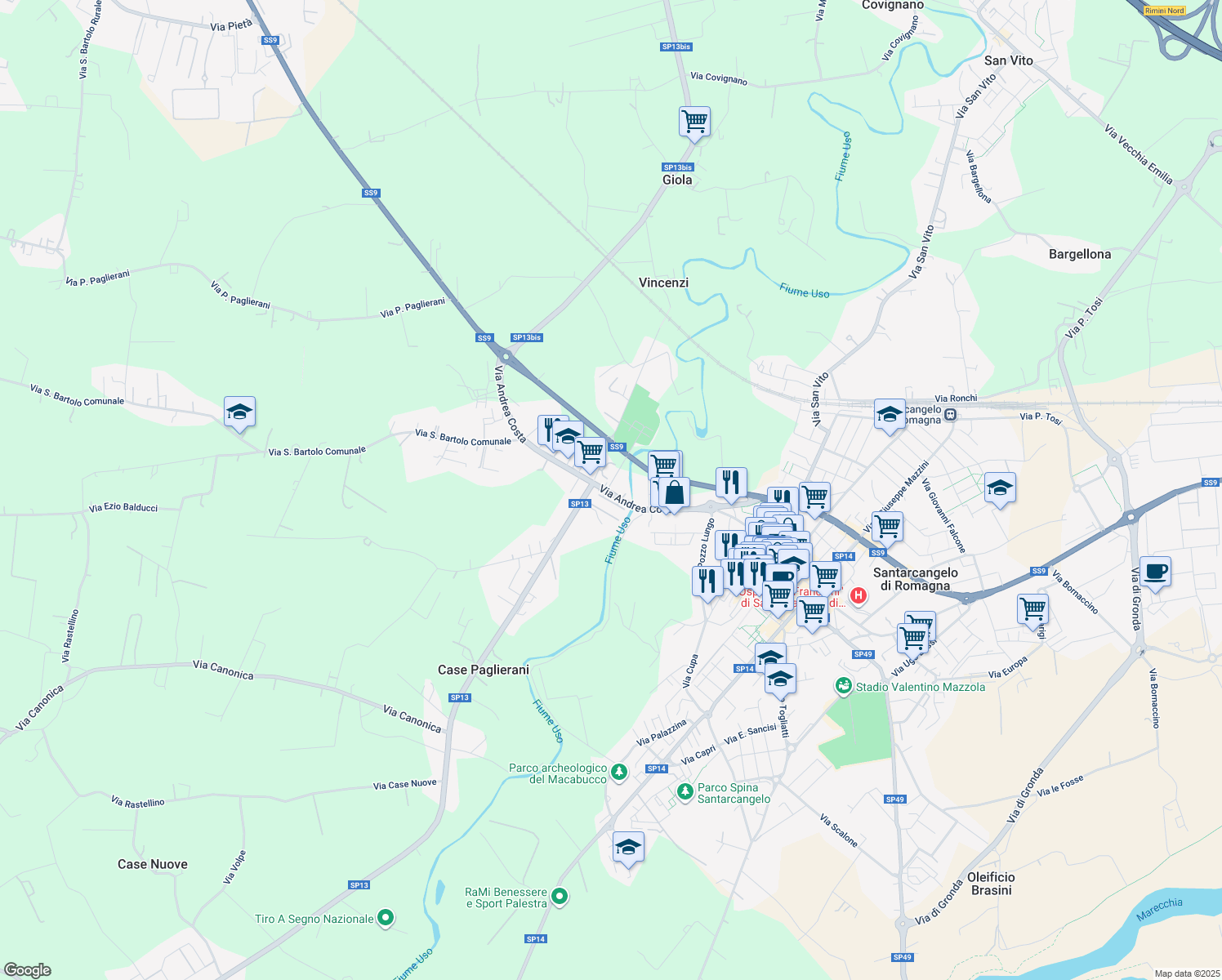 map of restaurants, bars, coffee shops, grocery stores, and more near 80 Via Andrea Costa in Santarcangelo di Romagna