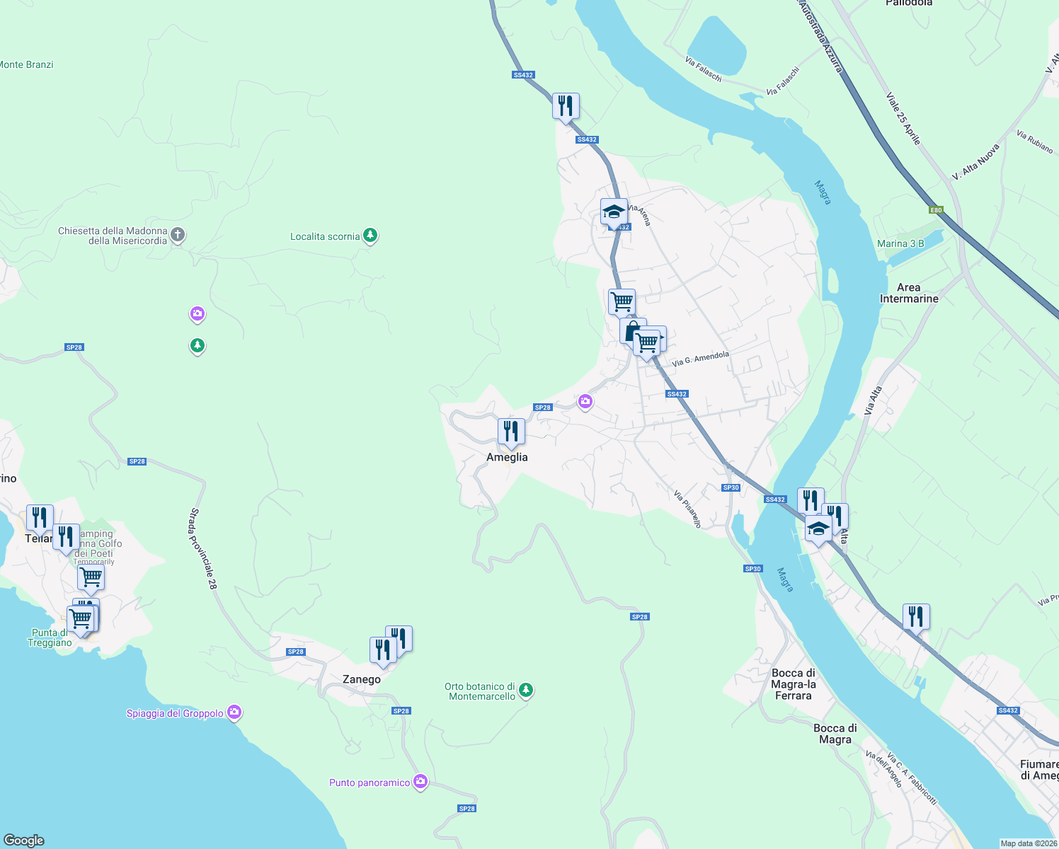 map of restaurants, bars, coffee shops, grocery stores, and more near 6 Via Caffaggio in Ameglia