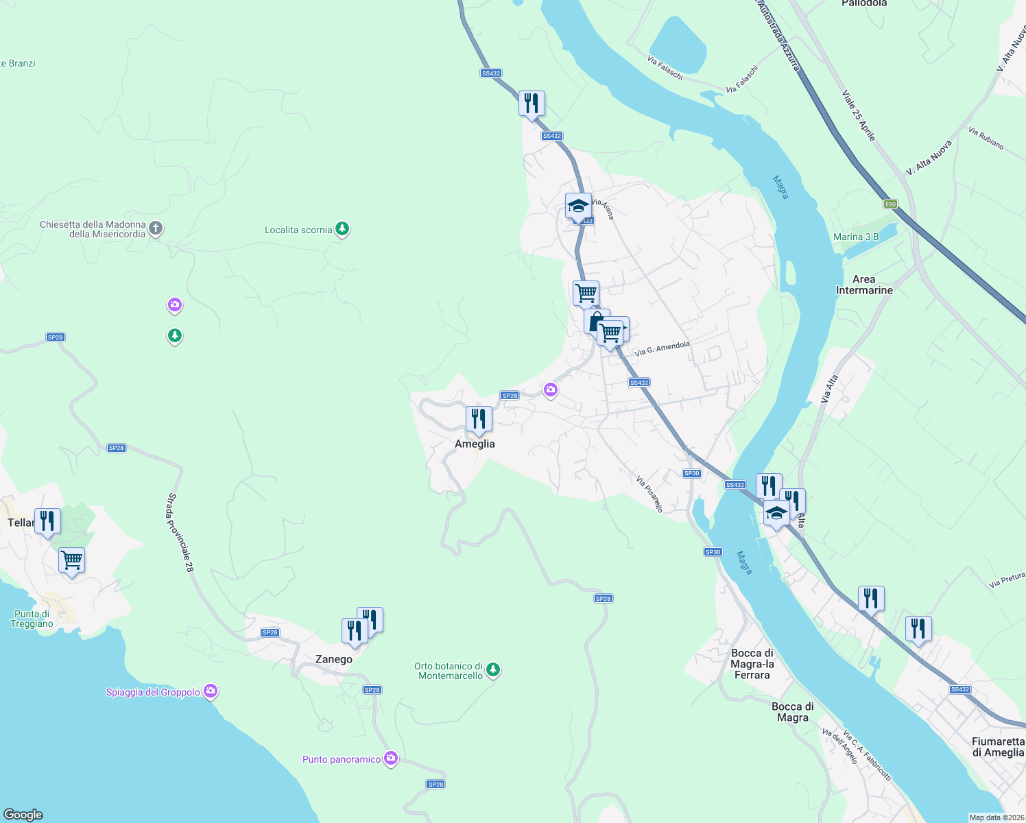 map of restaurants, bars, coffee shops, grocery stores, and more near 4 Via Circonvallazione in Ameglia