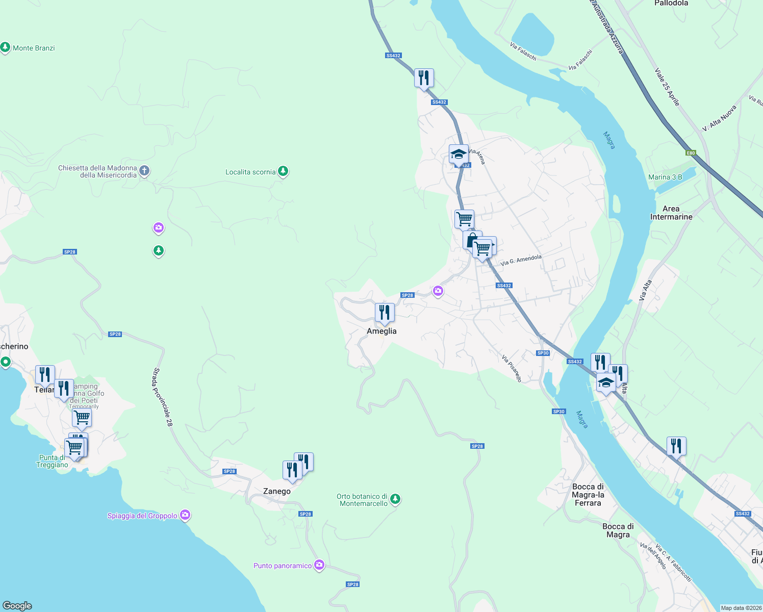 map of restaurants, bars, coffee shops, grocery stores, and more near 6 Via Caffaggio in Ameglia