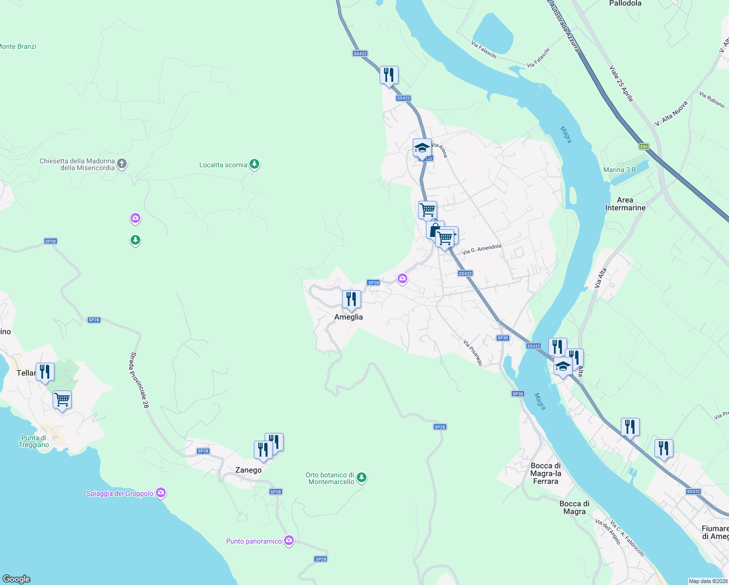 map of restaurants, bars, coffee shops, grocery stores, and more near 4 Via Circonvallazione in Ameglia