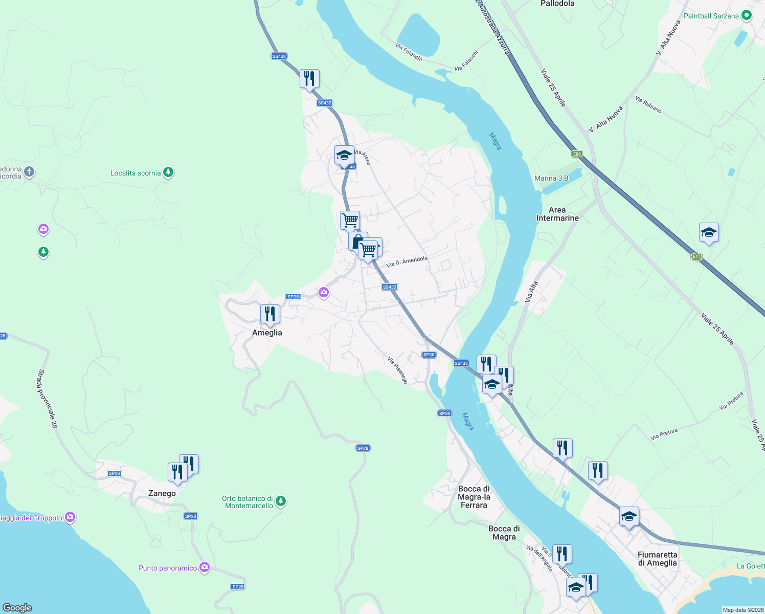 map of restaurants, bars, coffee shops, grocery stores, and more near 11 Via Giacomo Leopardi in Ameglia