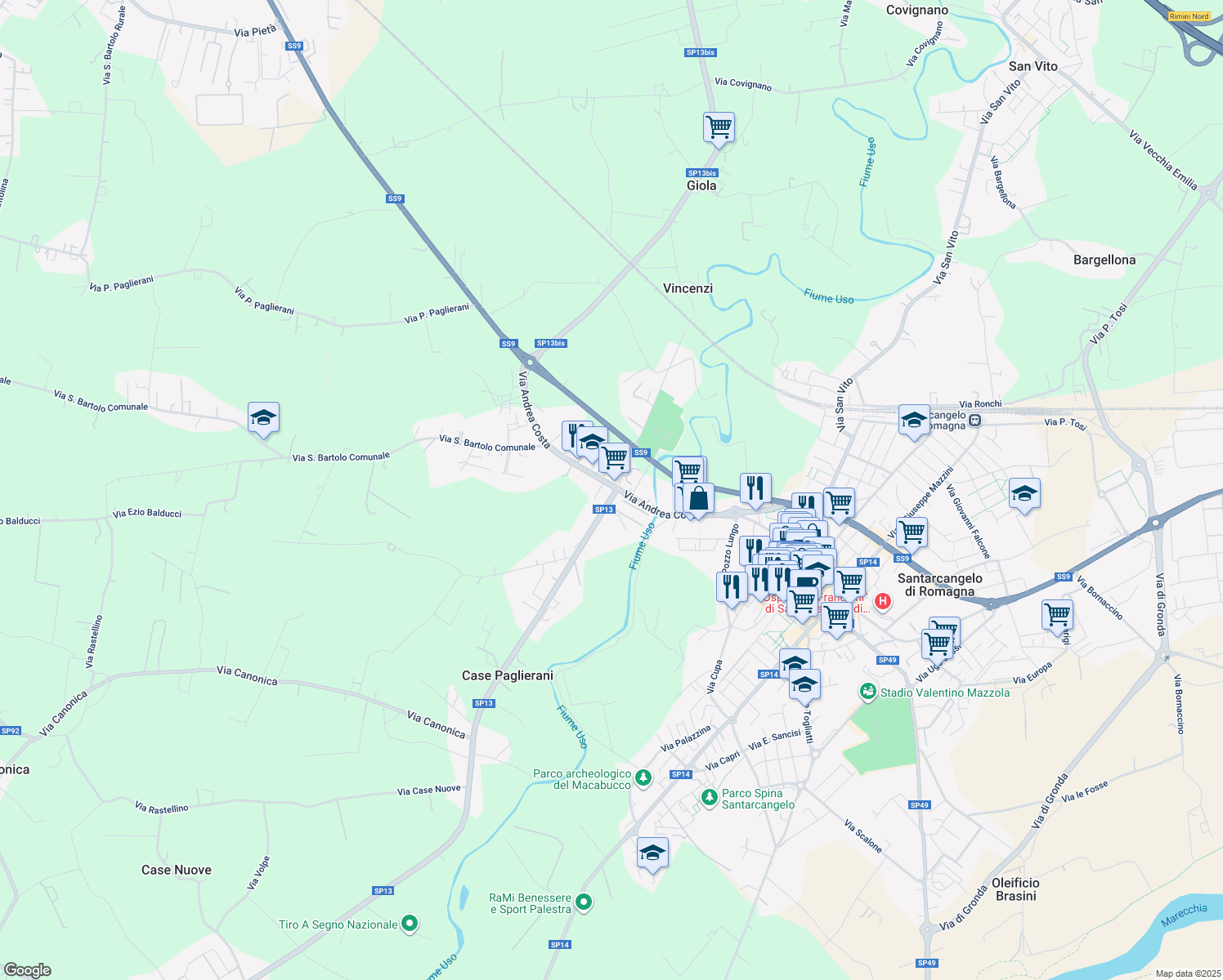 map of restaurants, bars, coffee shops, grocery stores, and more near 14 Strada Provinciale 13 in Santarcangelo di Romagna