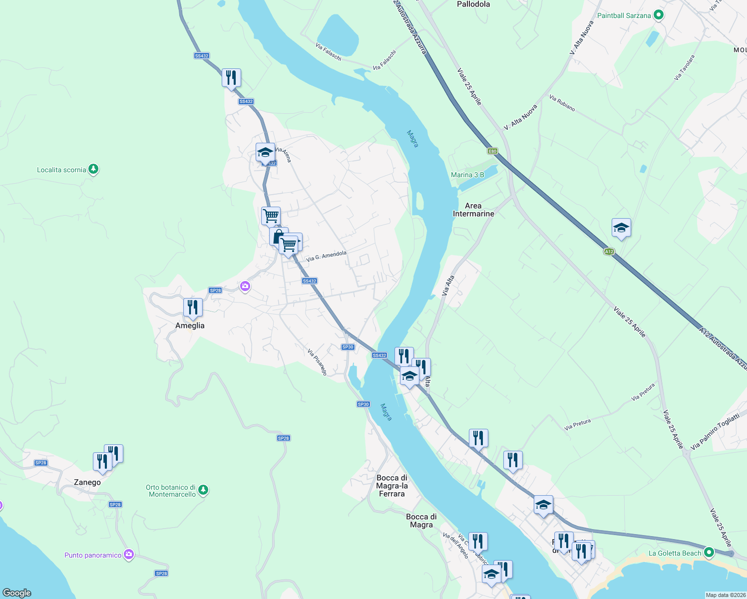 map of restaurants, bars, coffee shops, grocery stores, and more near 46 Via Alessandro Manzoni in Ameglia