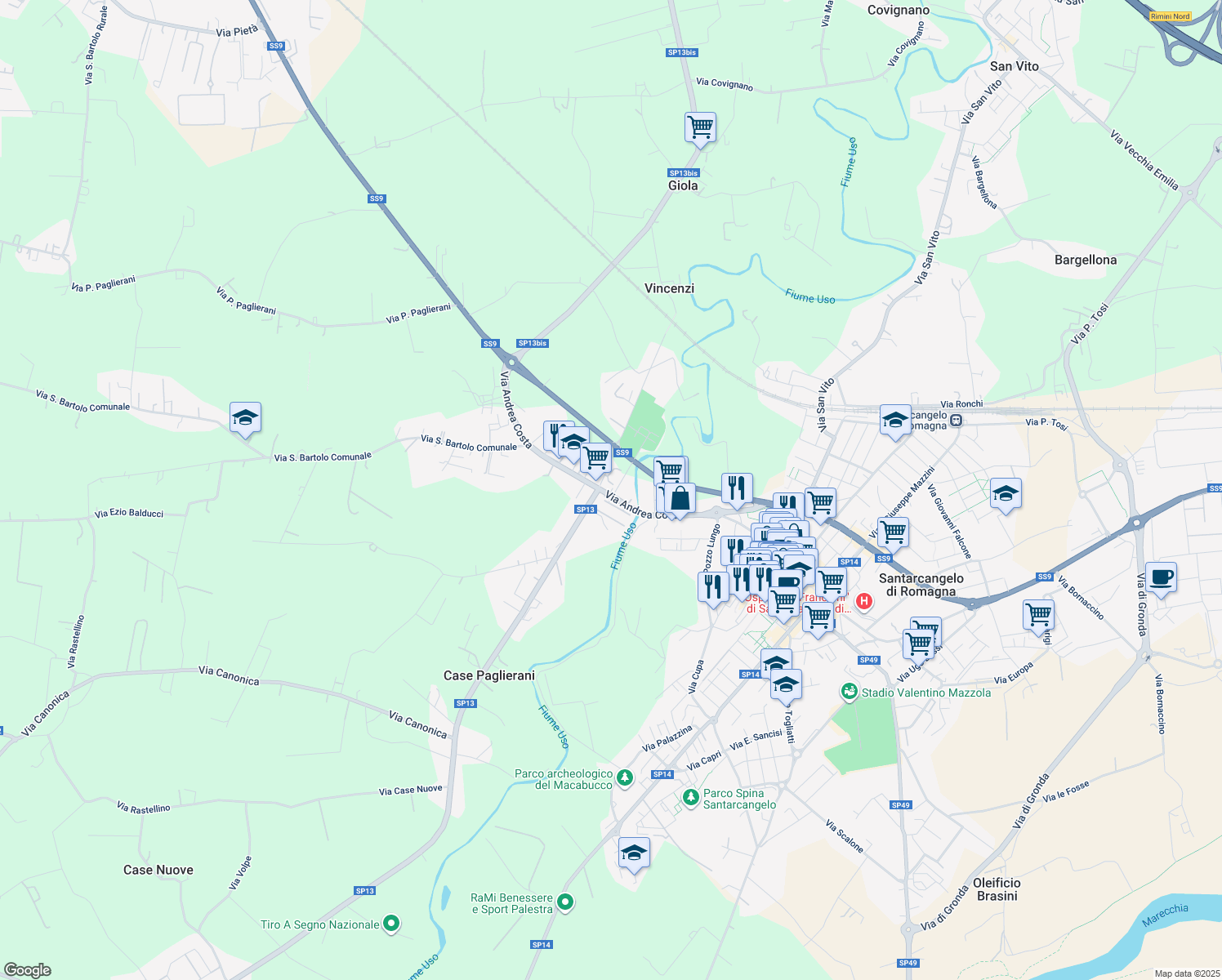 map of restaurants, bars, coffee shops, grocery stores, and more near 80 Via A. Costa in Santarcangelo di Romagna
