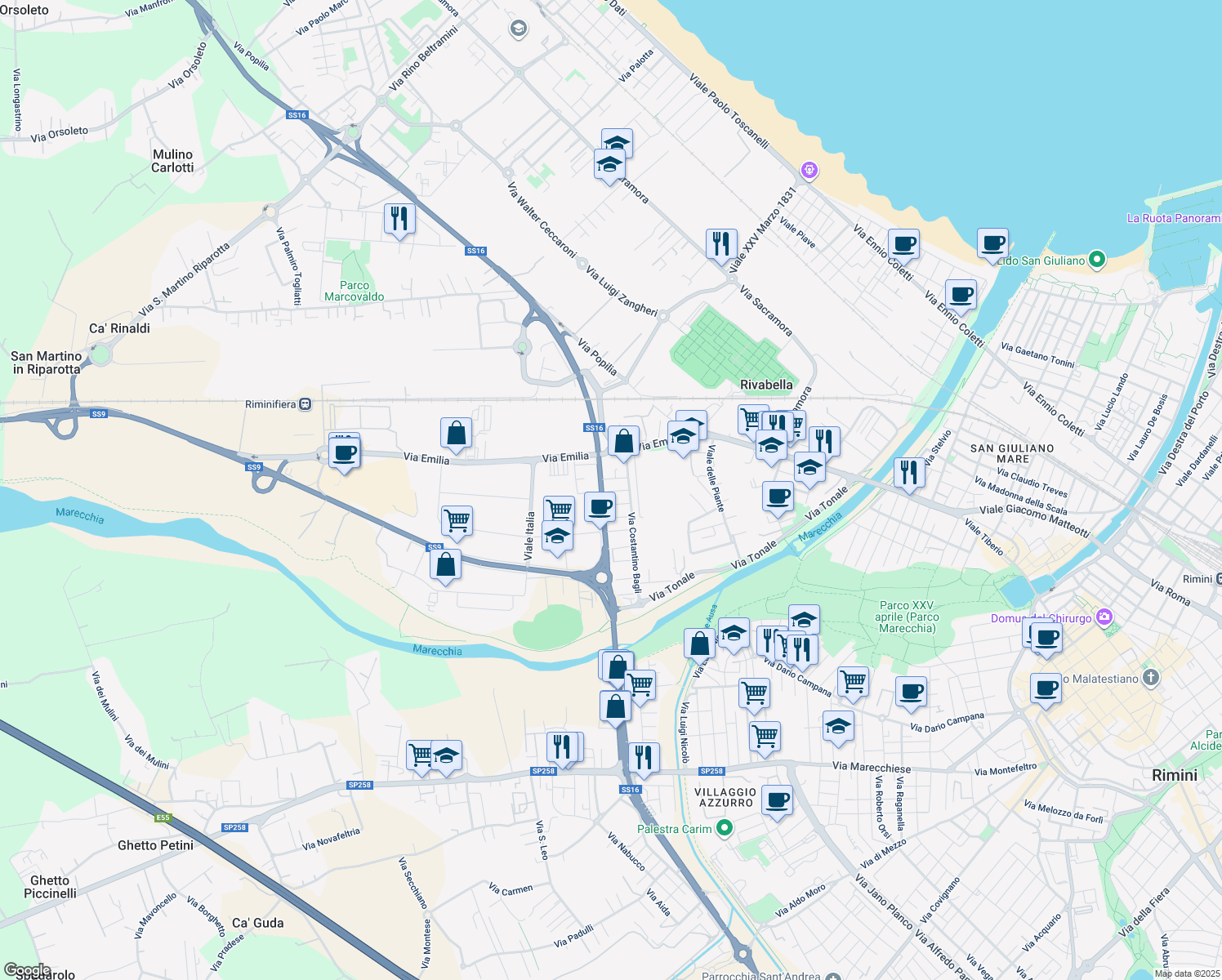 map of restaurants, bars, coffee shops, grocery stores, and more near 8-10 Strada Statale Adriatica in Rimini