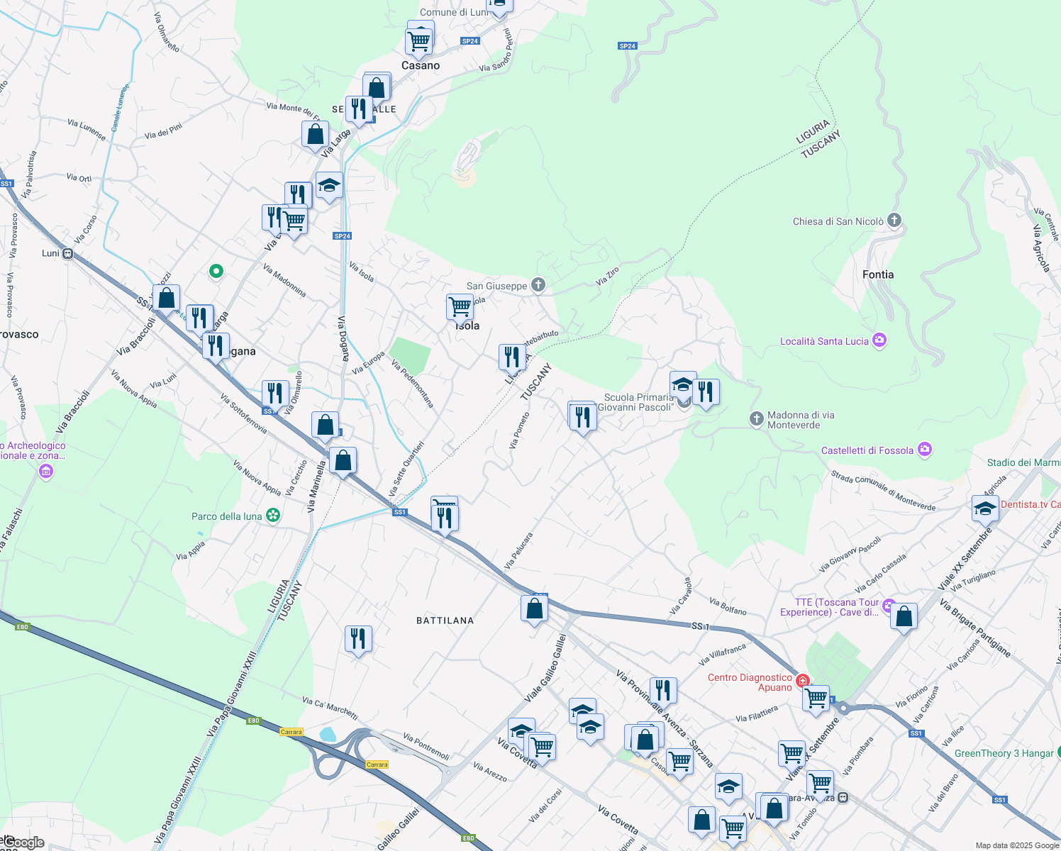 map of restaurants, bars, coffee shops, grocery stores, and more near 44 Via Fossone Basso in Carrara